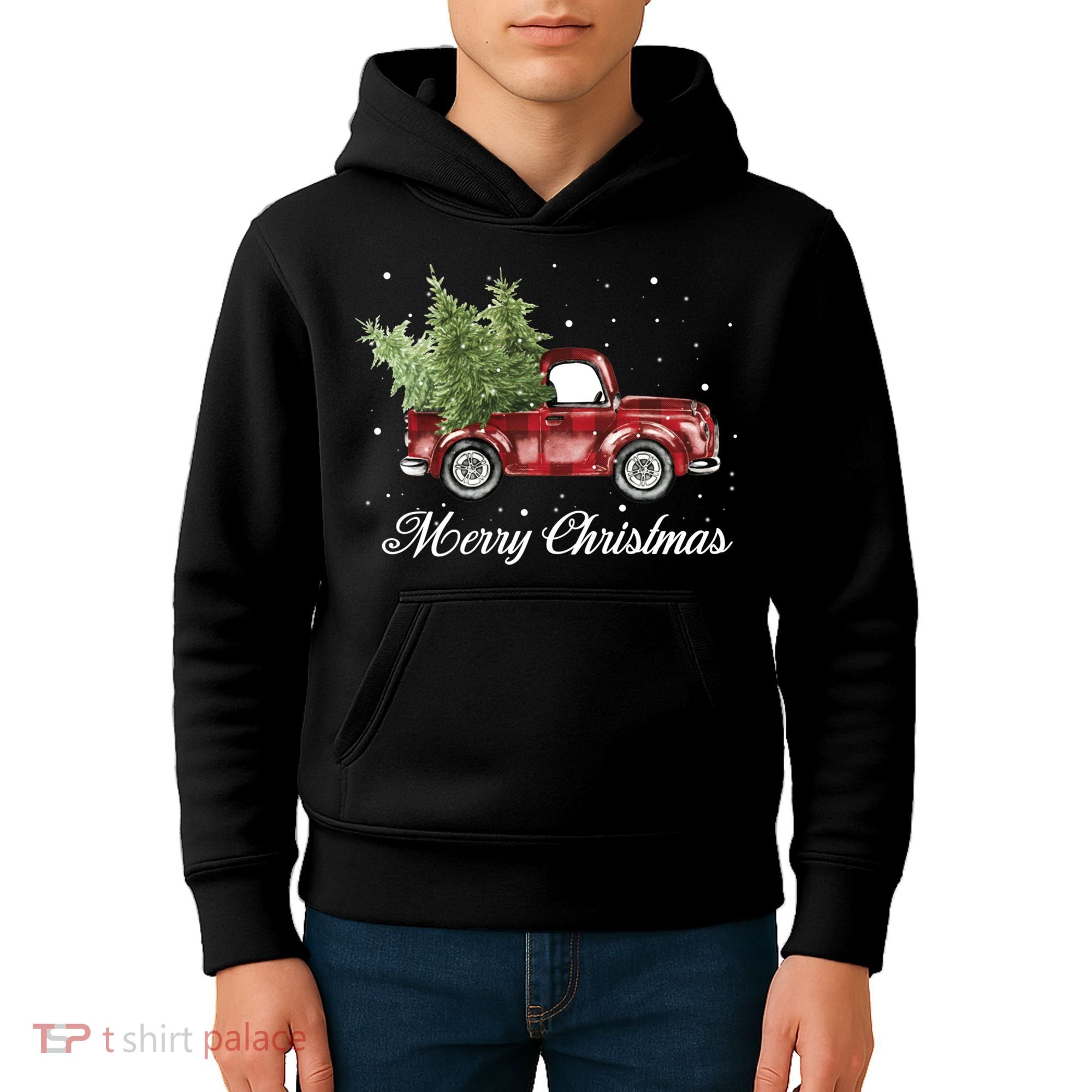 Merry Christmas Buffalo Truck Tree Red Plaid Kids Hoodie