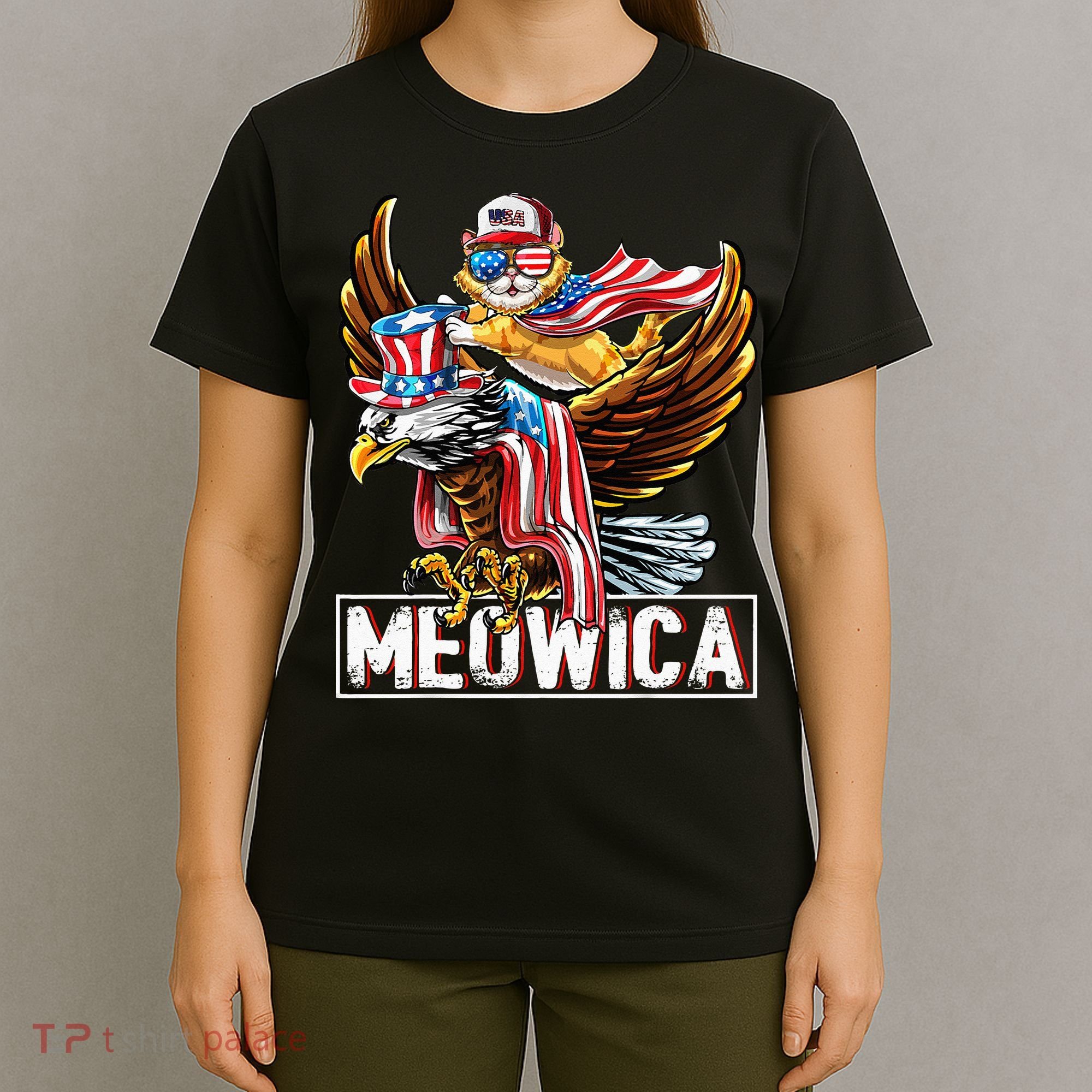Meowica Cat Bald Eagle 4th Of July Patriotic American Flag T-Shirt