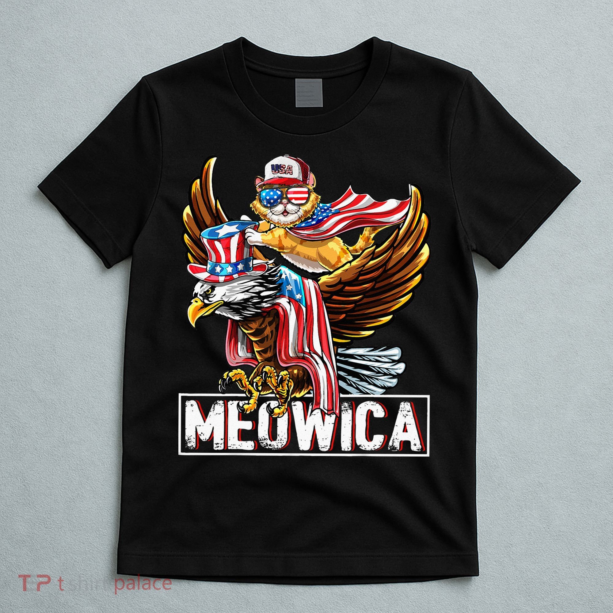 Meowica Cat Bald Eagle 4th Of July Patriotic American Flag T-Shirt