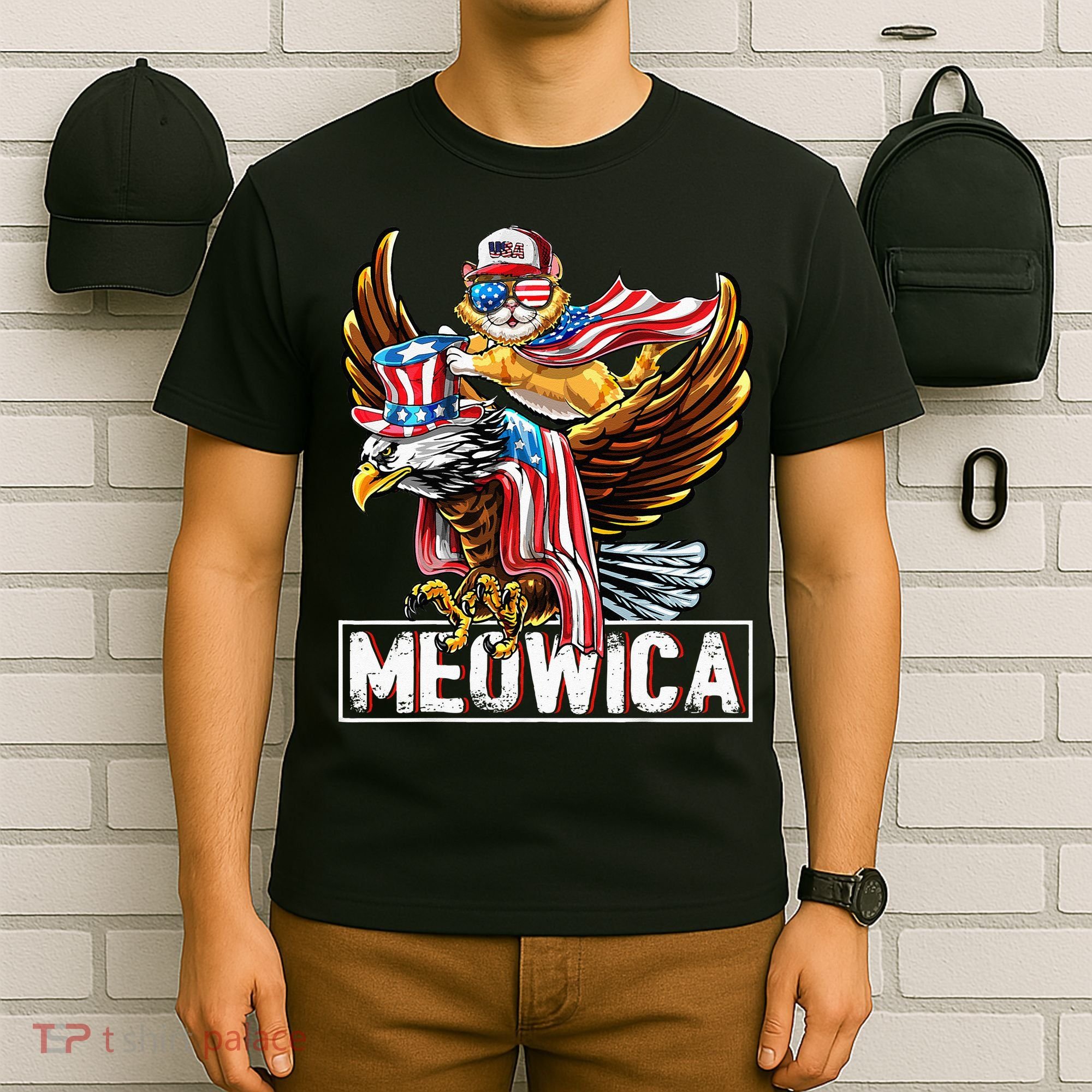 Meowica Cat Bald Eagle 4th Of July Patriotic American Flag T-Shirt