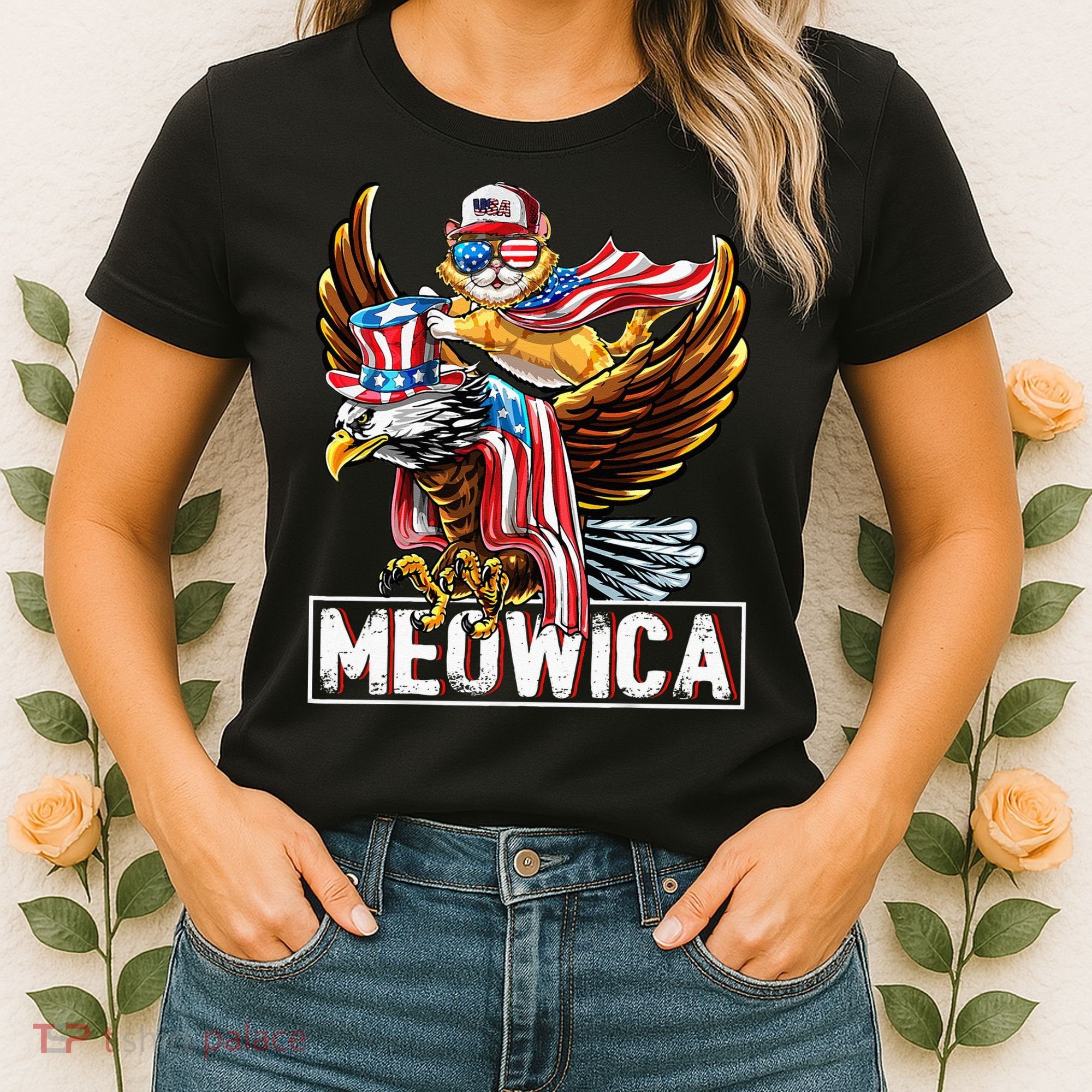 Meowica Cat Bald Eagle 4th Of July Patriotic American Flag Women's T-Shirt