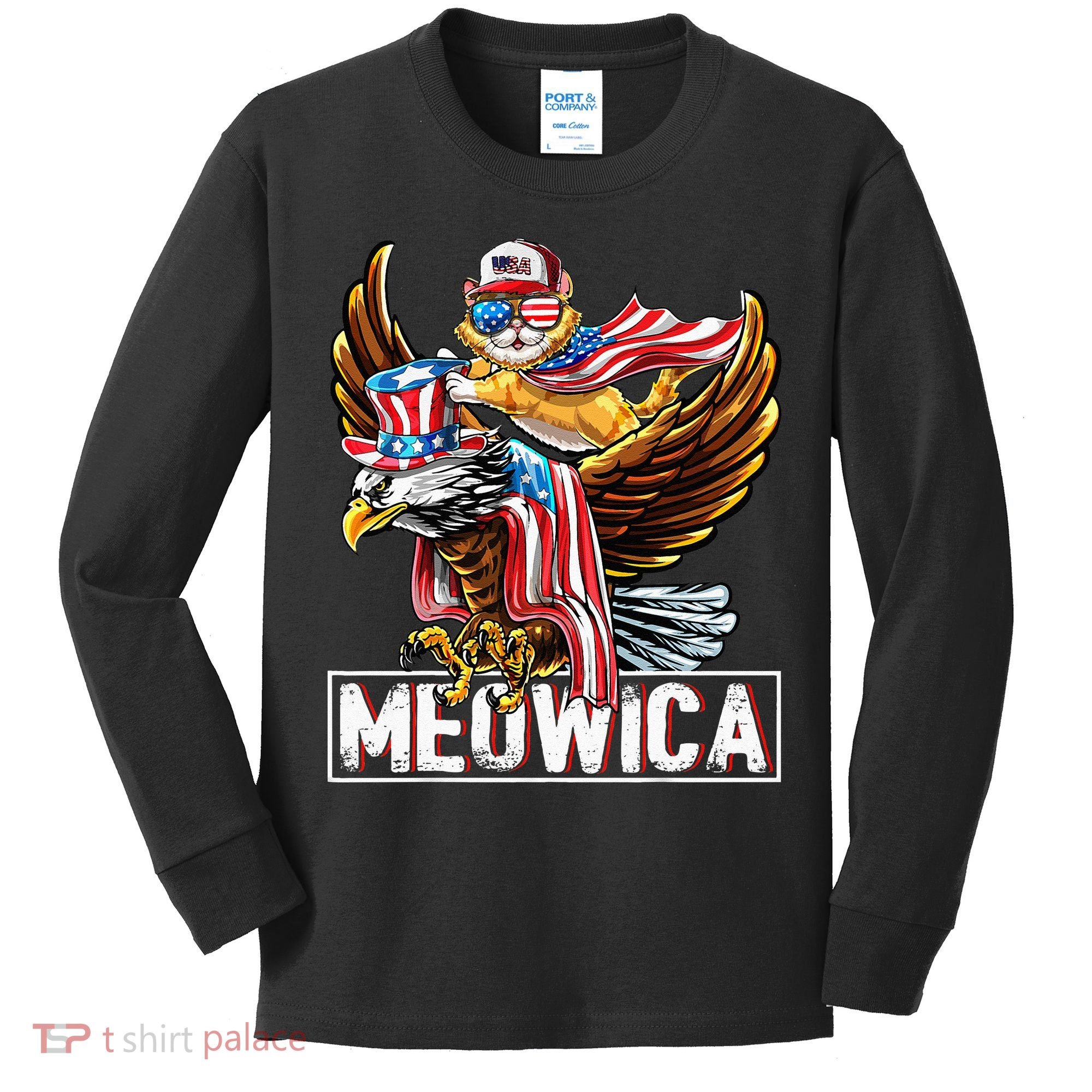 Meowica Cat Bald Eagle 4th Of July Patriotic American Flag Kids Long Sleeve Shirt