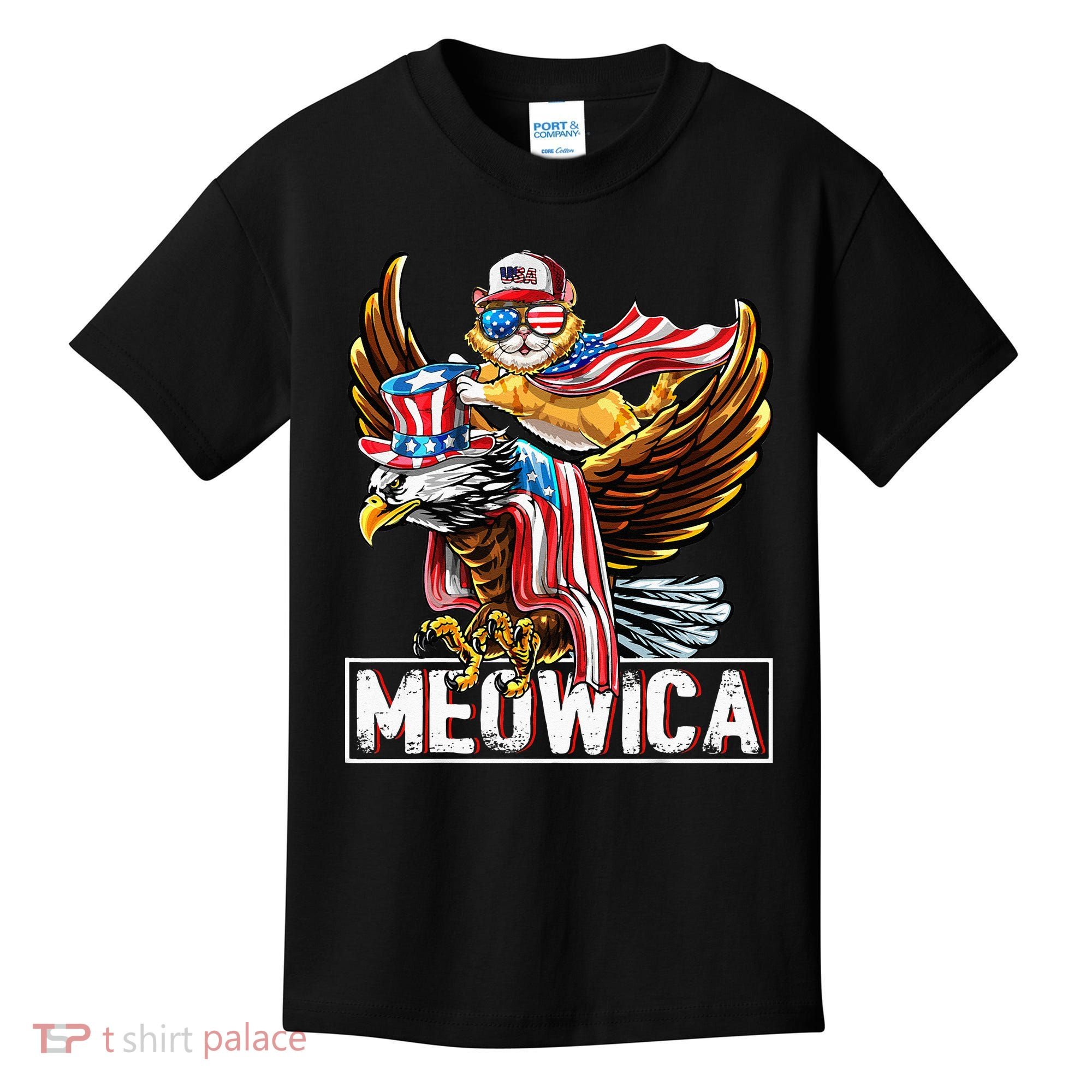 Meowica Cat Bald Eagle 4th Of July Patriotic American Flag Kids T-Shirt