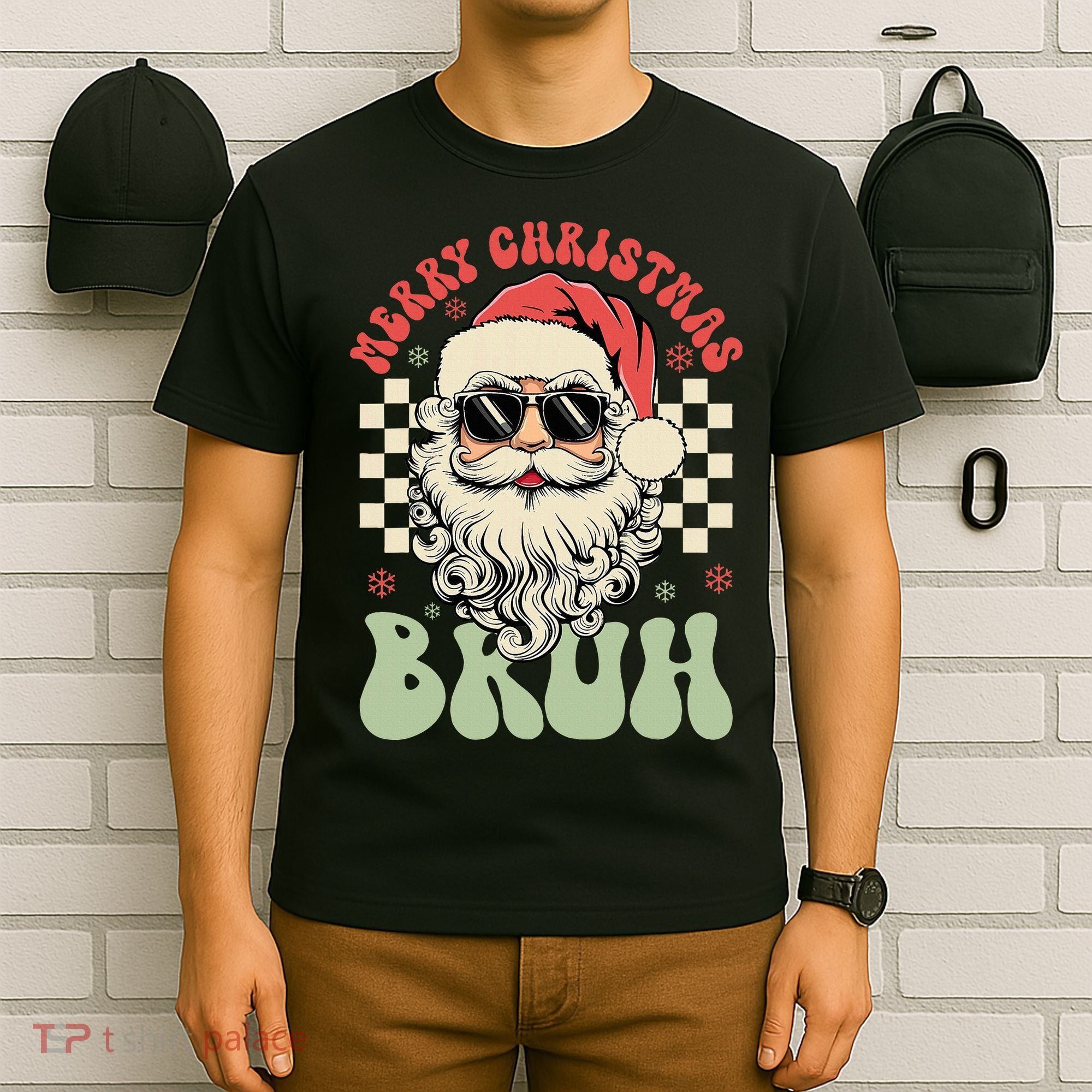 Merry Christmas Bruh Santa Sunglasses Retro T-Shirt