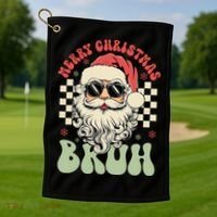 Merry Christmas Bruh Santa Sunglasses Retro Golf Towel thumb 1