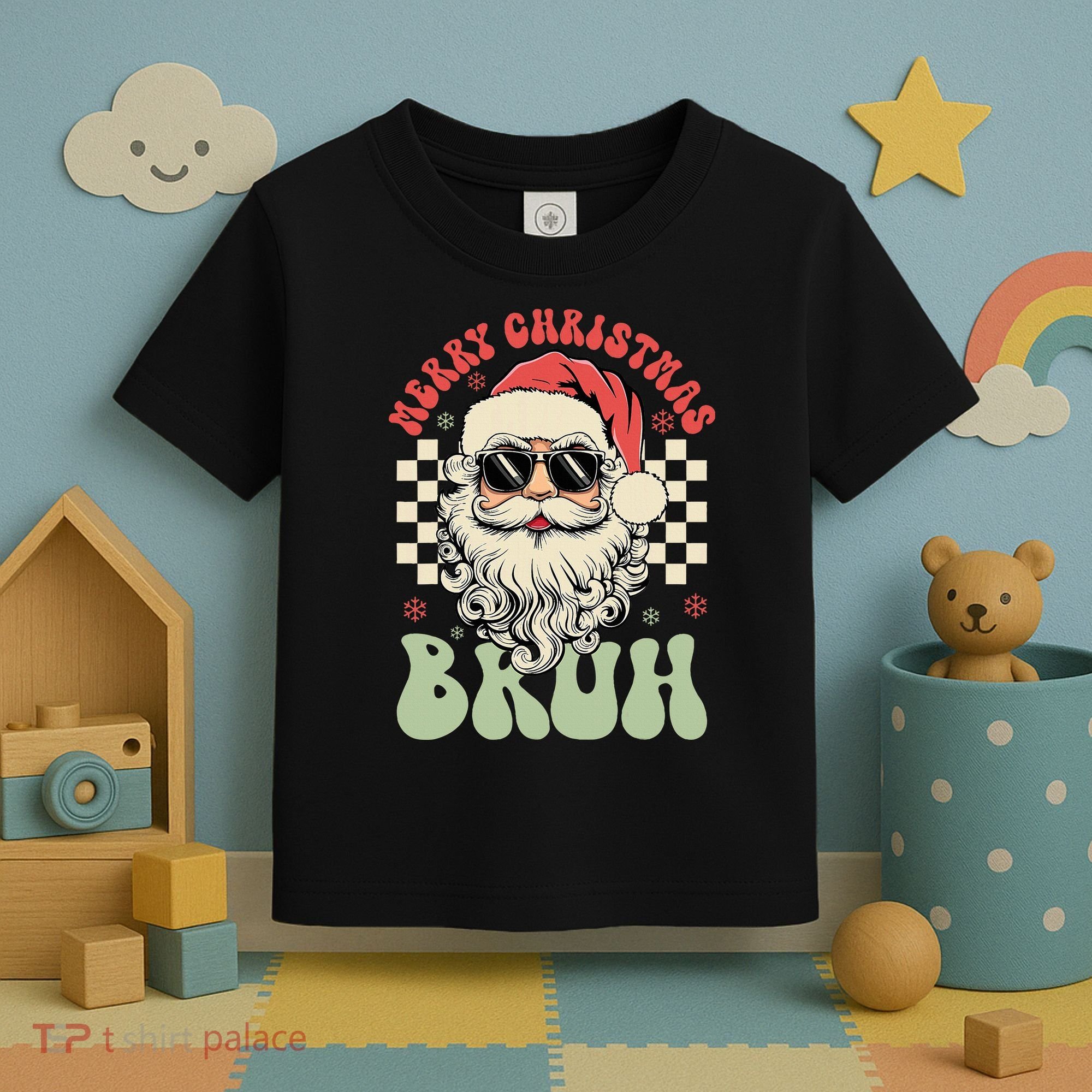 Merry Christmas Bruh Santa Sunglasses Retro Toddler T-Shirt