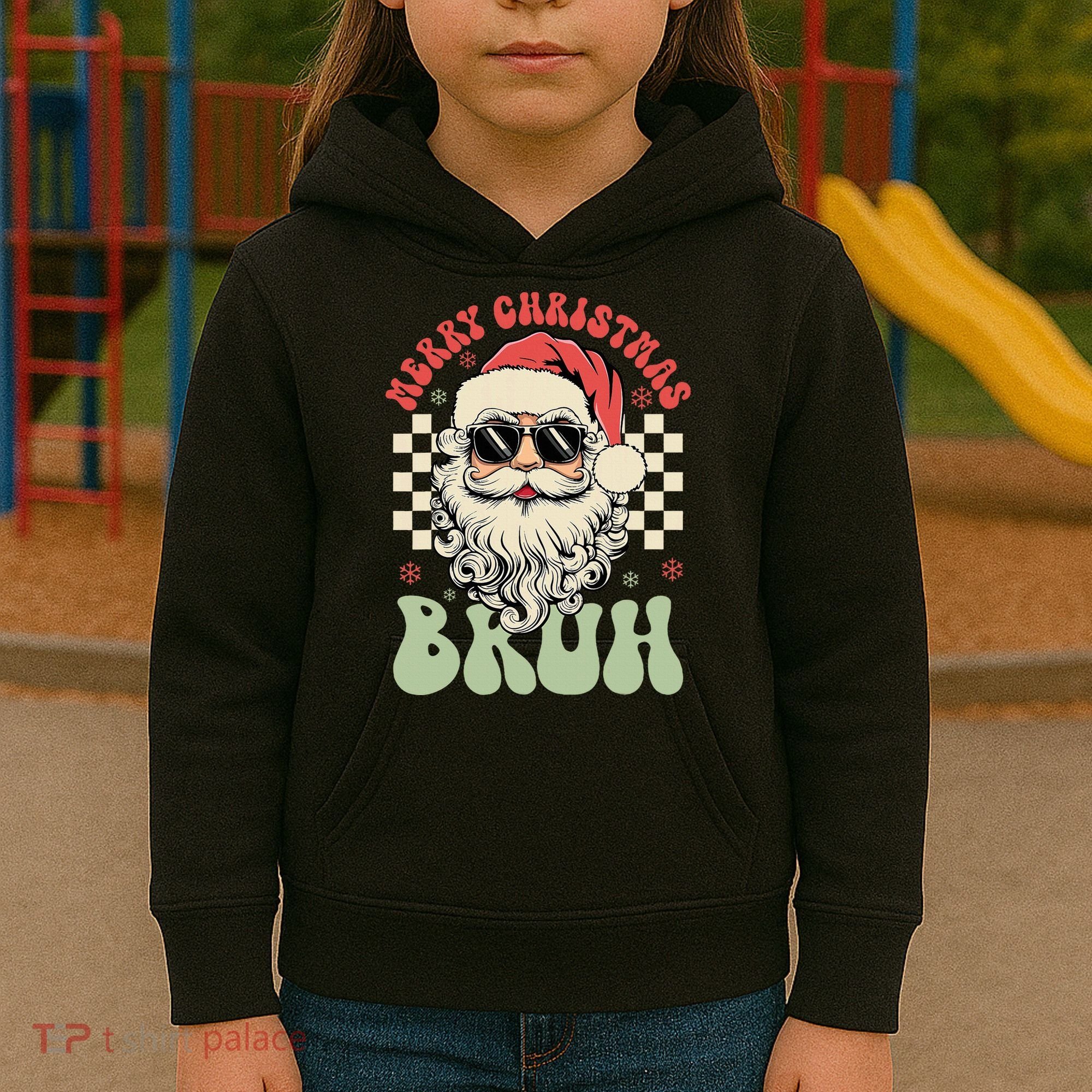 Merry Christmas Bruh Santa Sunglasses Retro Kids Hoodie