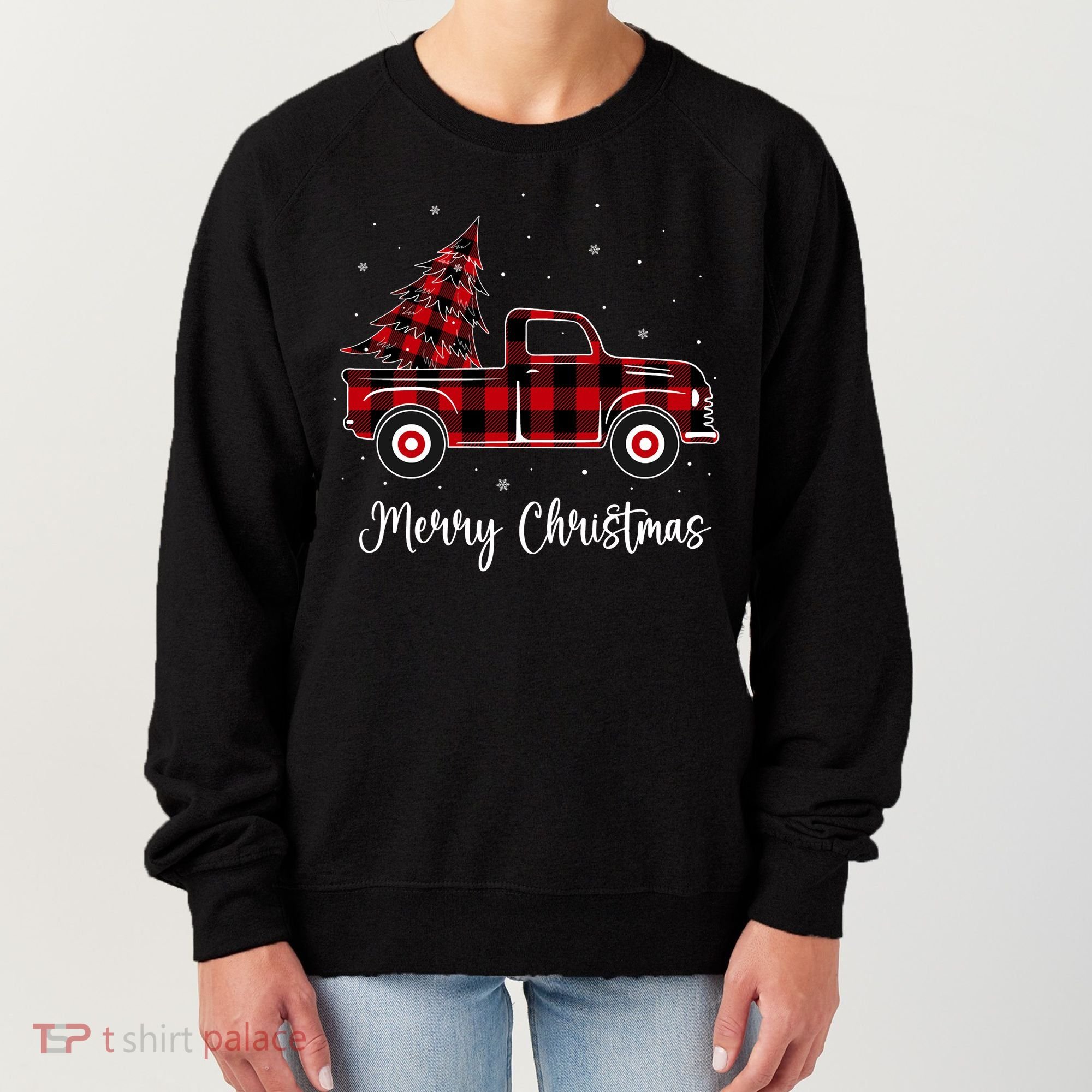 Merry Christmas Buffalo Red Plaid Truck Tree Women's Sweatshirt