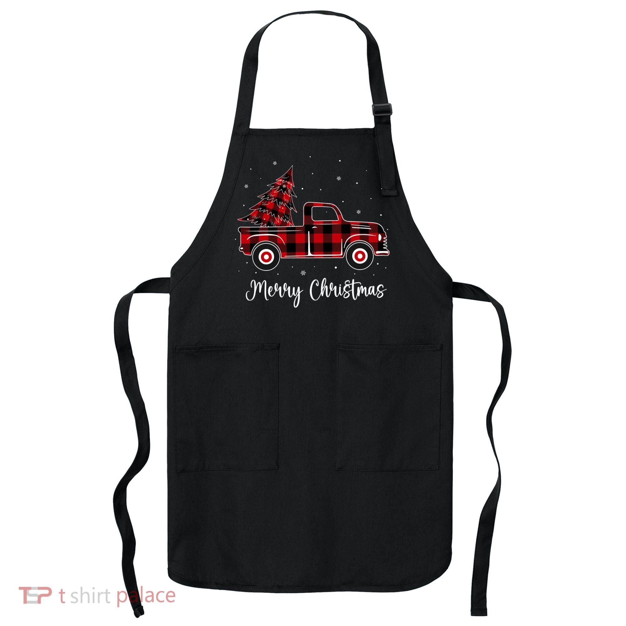 Merry Christmas Buffalo Red Plaid Truck Tree Apron