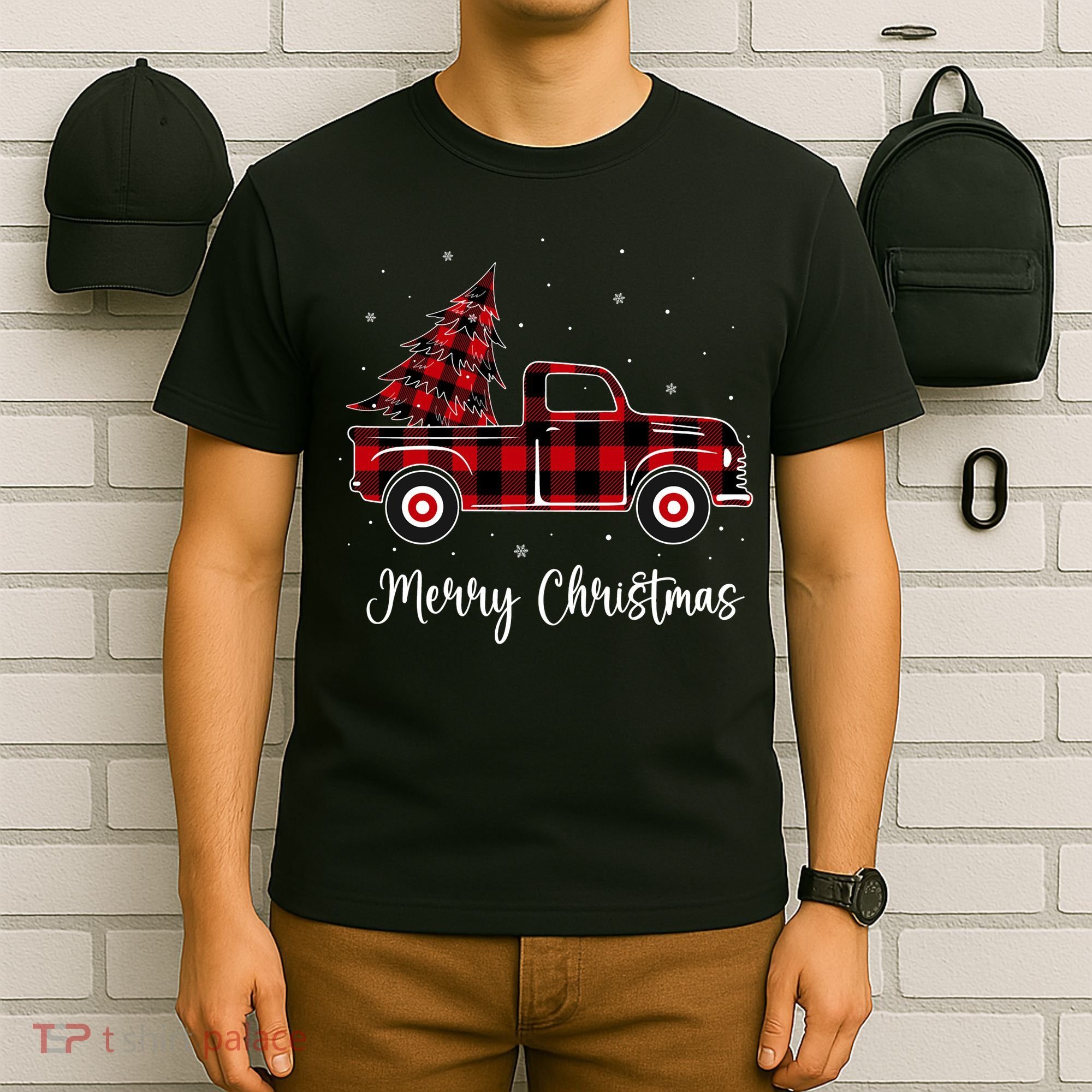 Merry Christmas Buffalo Red Plaid Truck Tree T-Shirt
