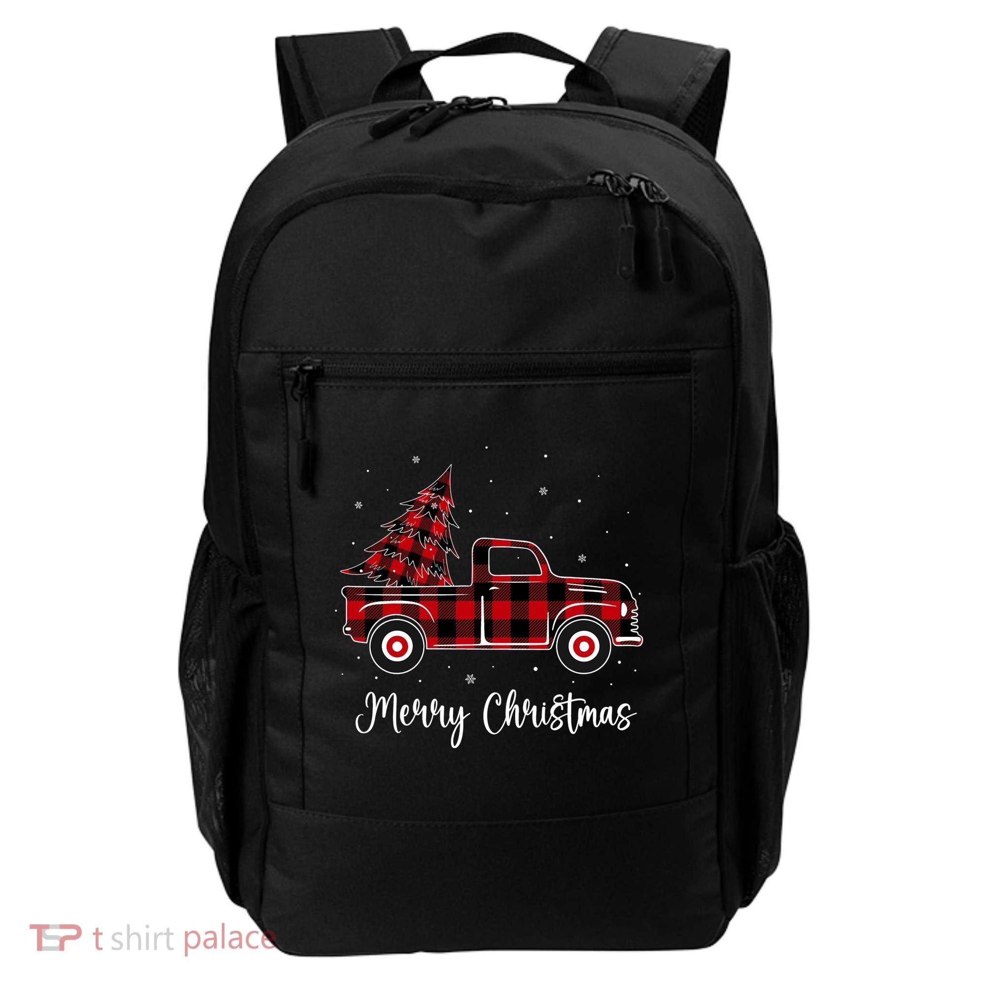 Merry Christmas Buffalo Red Plaid Truck Tree Backpack