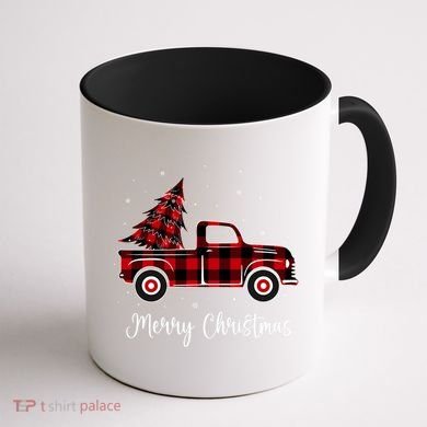 Merry Christmas Buffalo Red Plaid Truck Tree Coffee Mug back