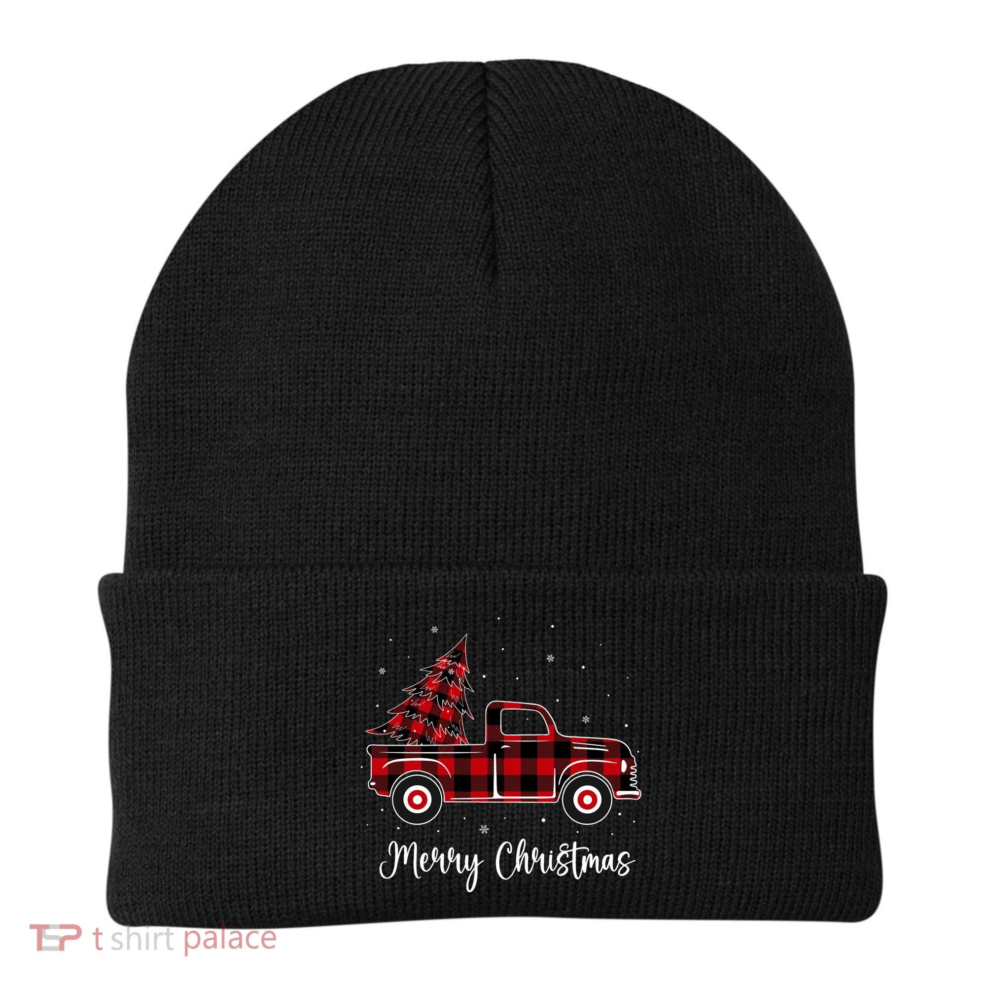 Merry Christmas Buffalo Red Plaid Truck Tree Beanie