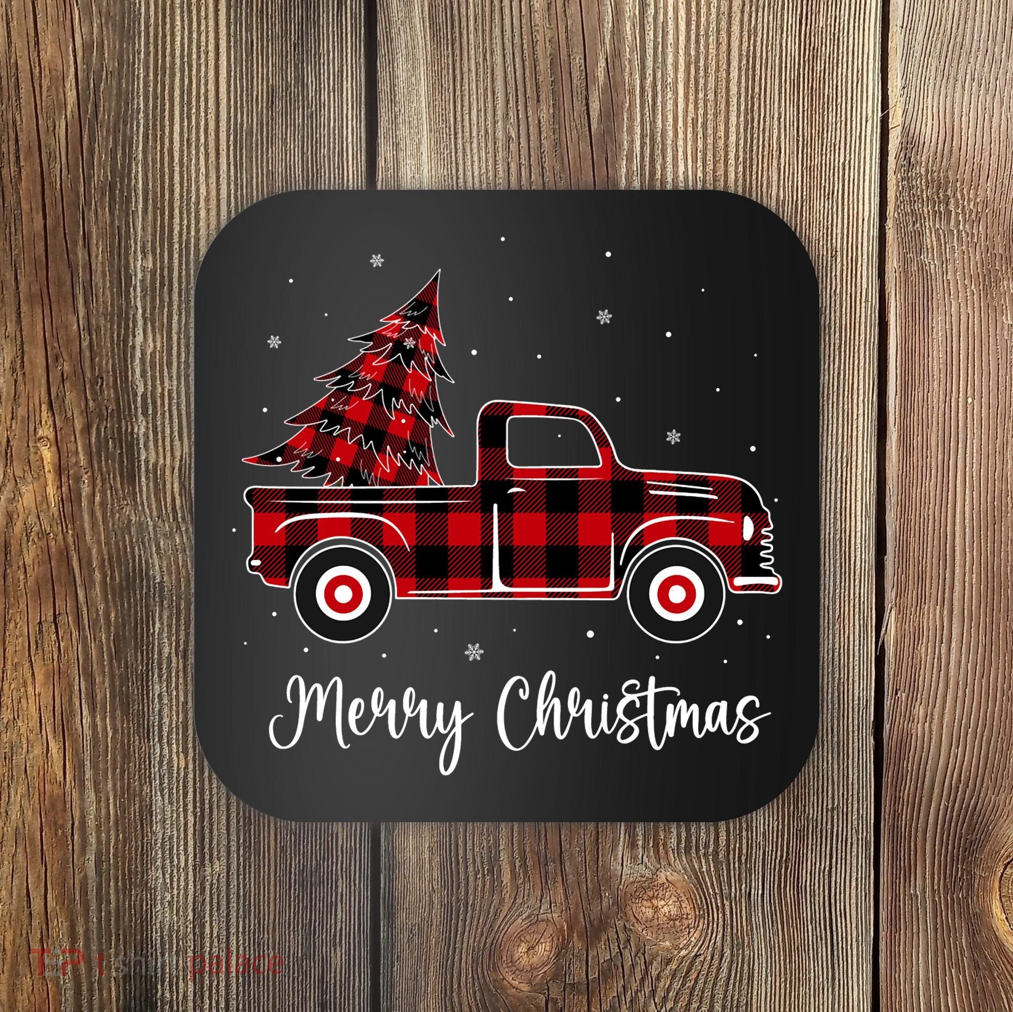 Merry Christmas Buffalo Red Plaid Truck Tree Coaster