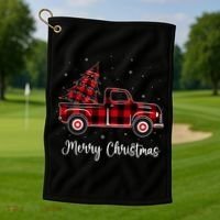 Merry Christmas Buffalo Red Plaid Truck Tree Golf Towel thumb 1