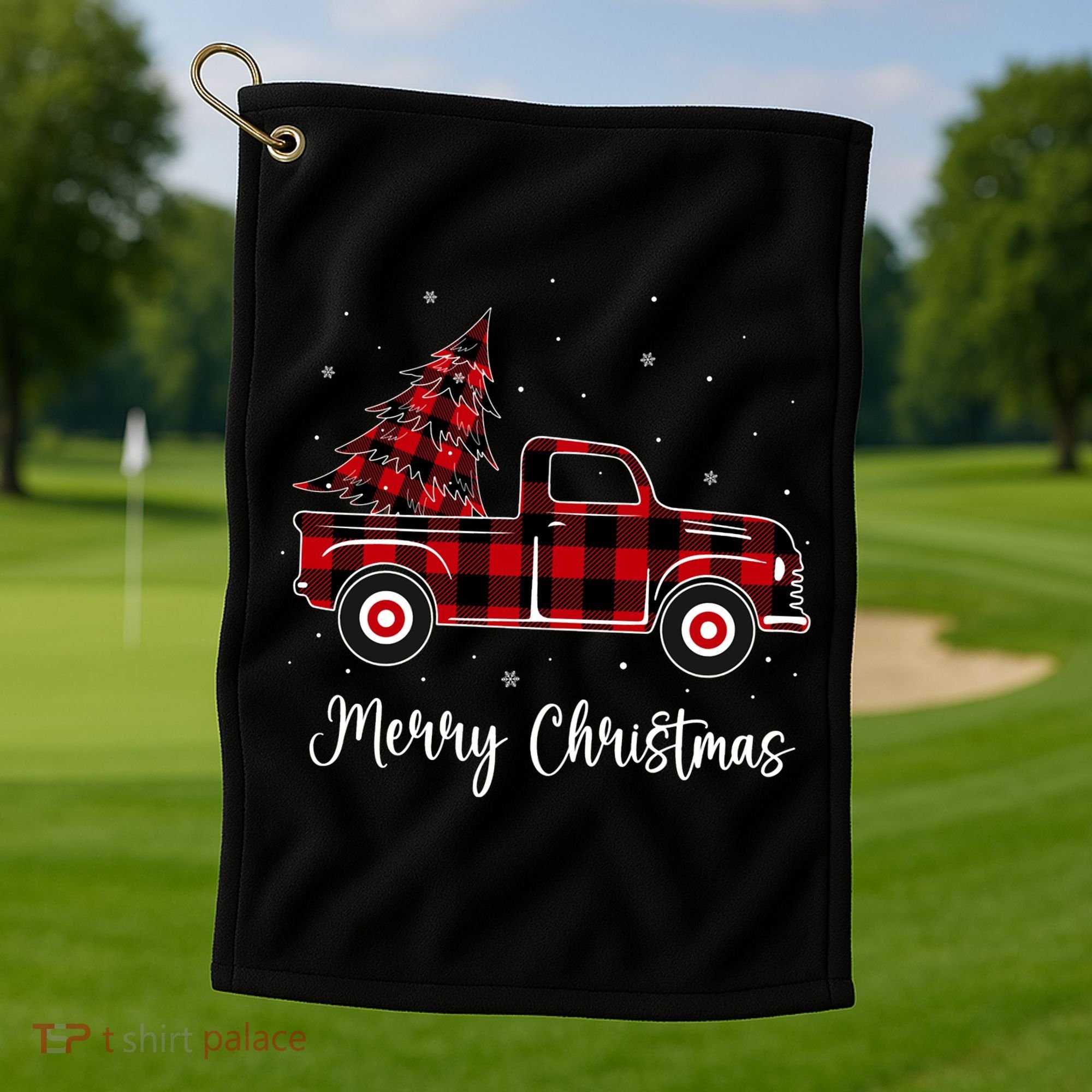Merry Christmas Buffalo Red Plaid Truck Tree Golf Towel
