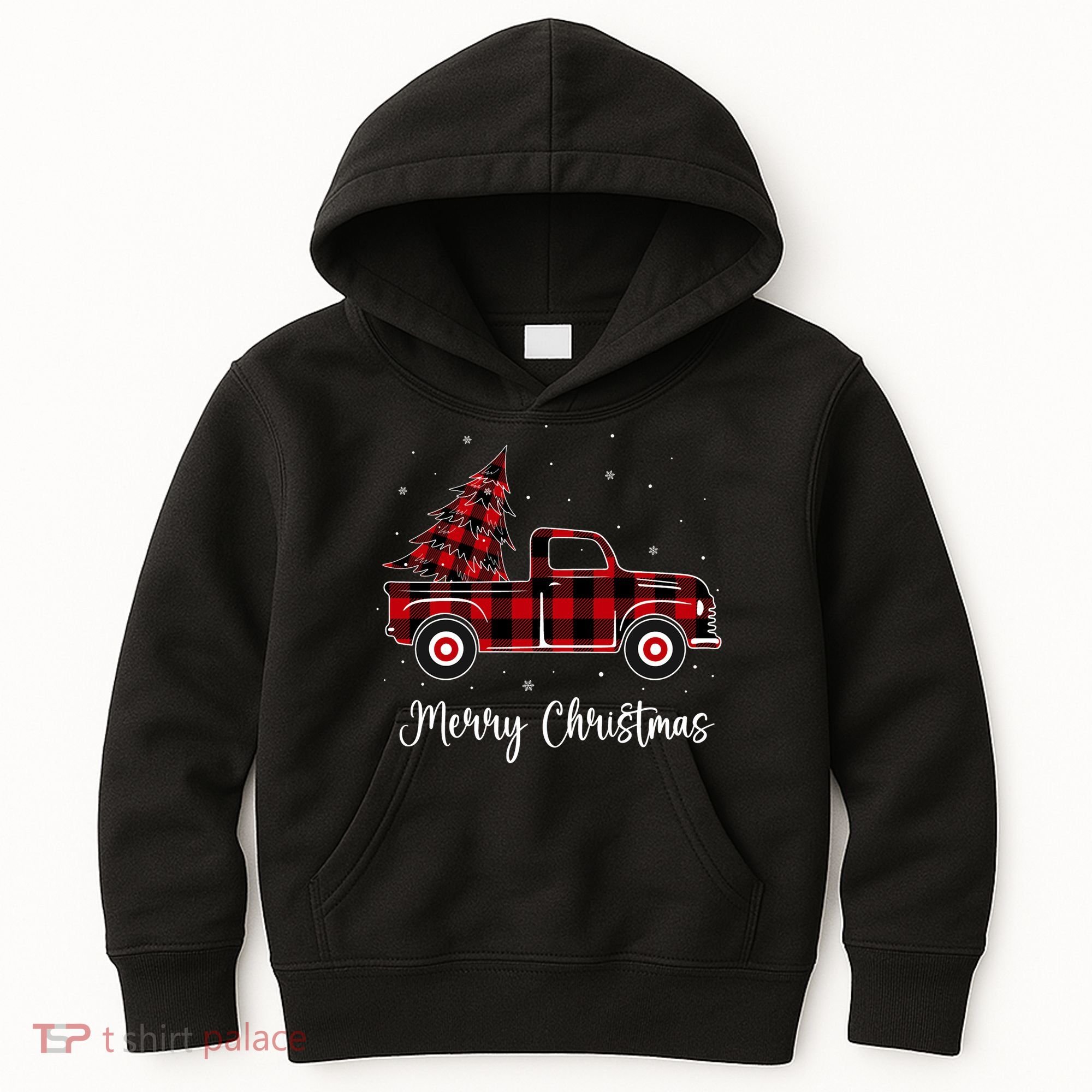 Merry Christmas Buffalo Red Plaid Truck Tree Kids Hoodie