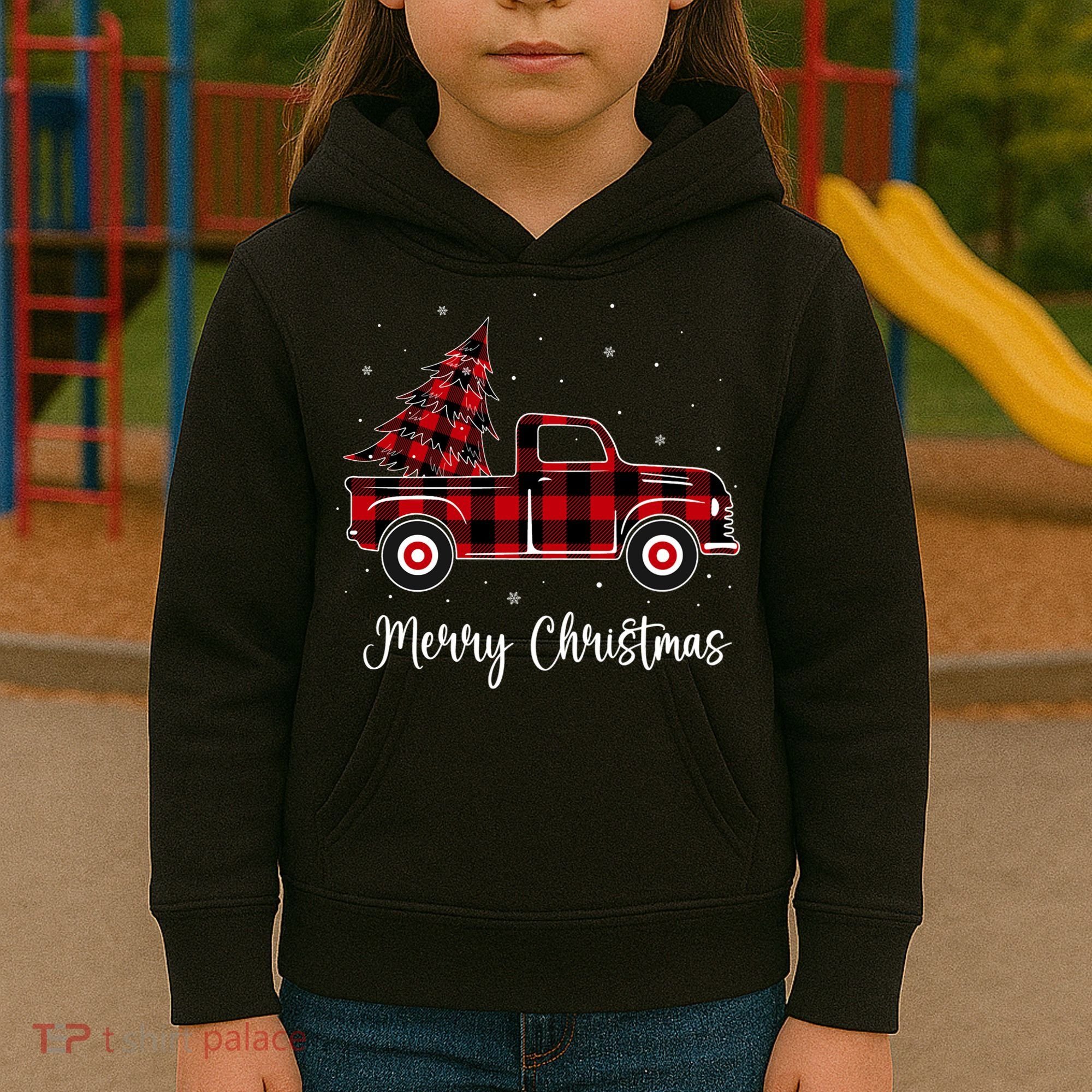 Merry Christmas Buffalo Red Plaid Truck Tree Kids Hoodie
