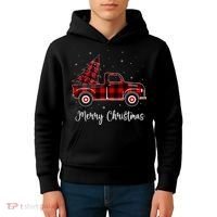 Merry Christmas Buffalo Red Plaid Truck Tree Kids Hoodie thumb 4