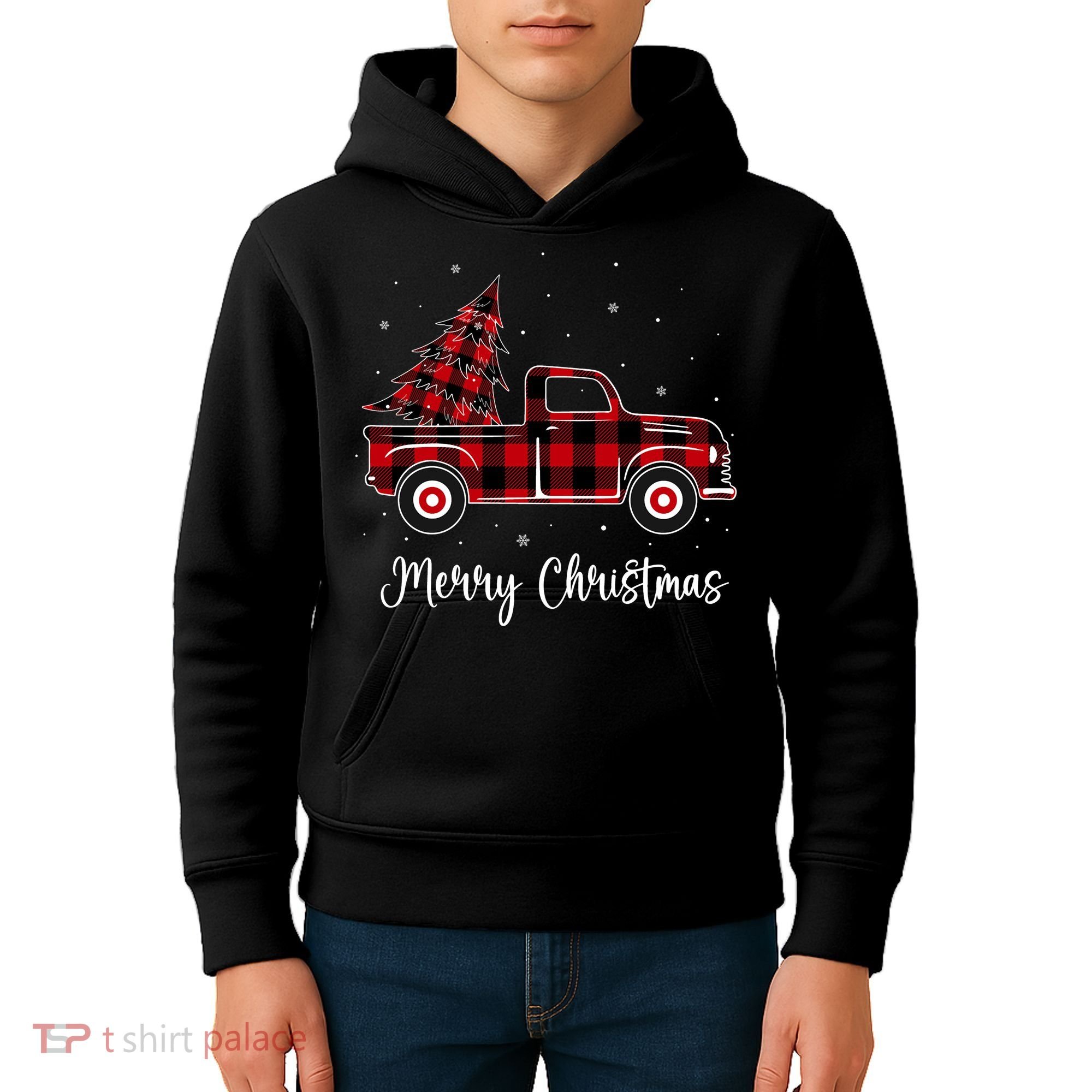 Merry Christmas Buffalo Red Plaid Truck Tree Kids Hoodie