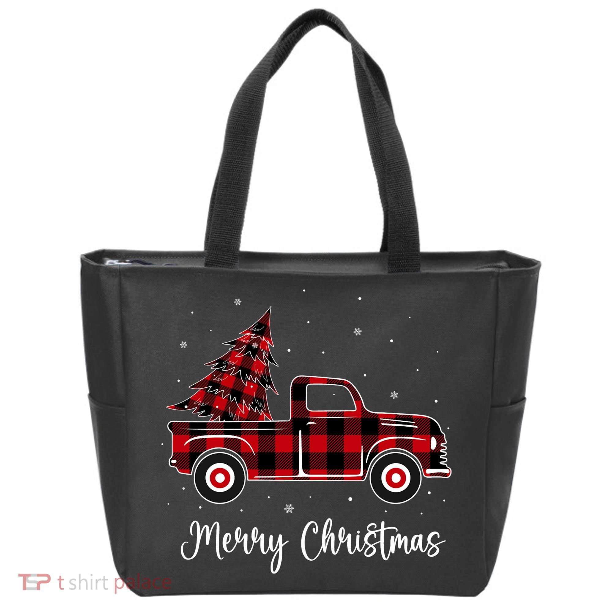Merry Christmas Buffalo Red Plaid Truck Tree Tote Bag