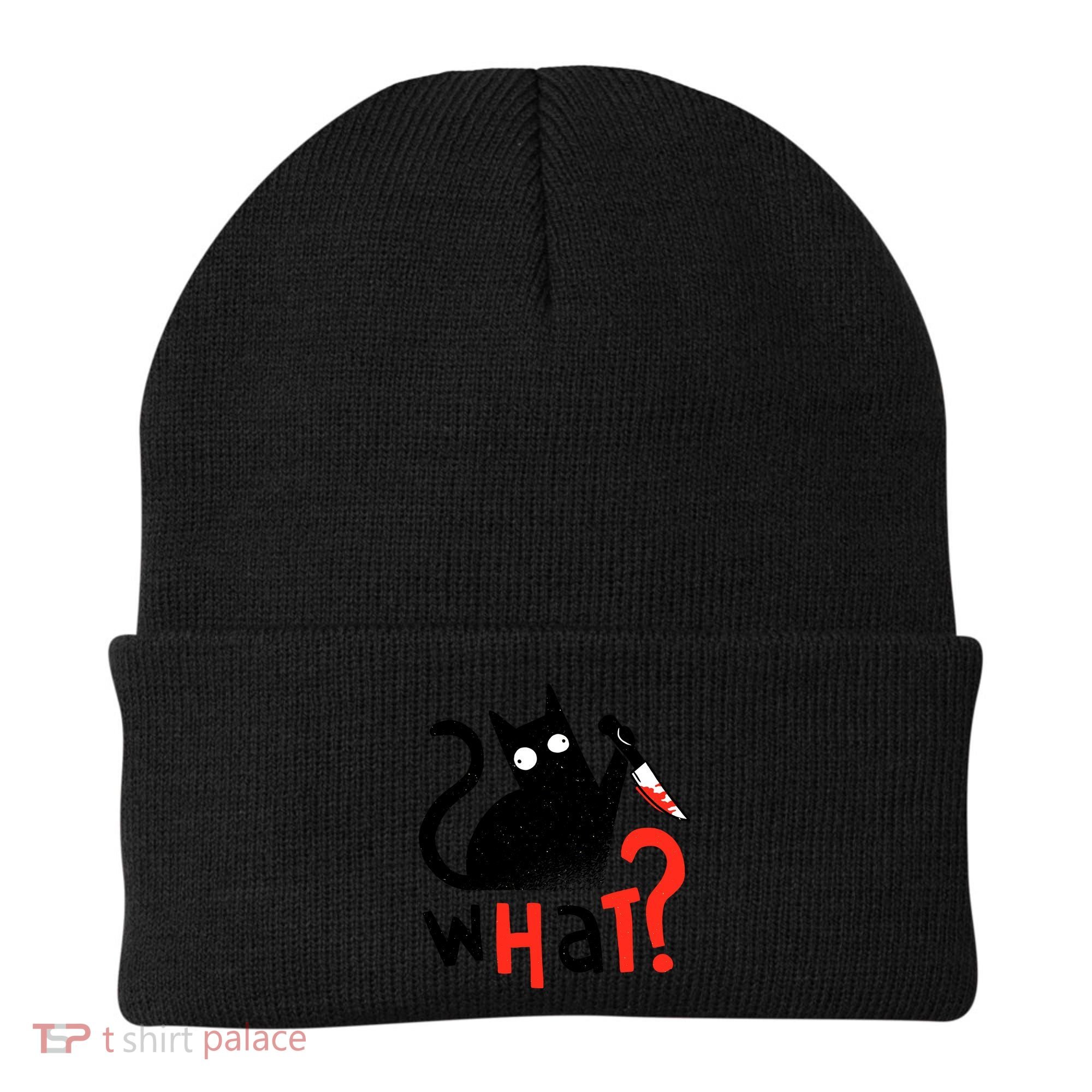 Murder Cat Bloody Knife What? Funny Humor Cats Beanie