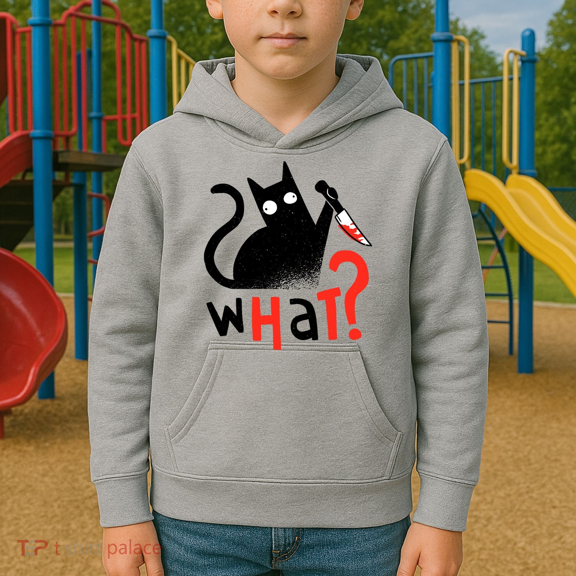 Murder Cat Bloody Knife What? Funny Humor Cats Kids Hoodie