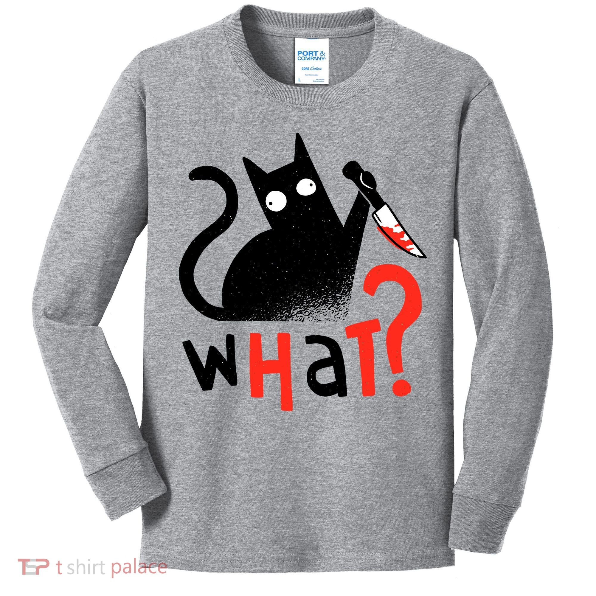 Murder Cat Bloody Knife What? Funny Humor Cats Kids Long Sleeve Shirt