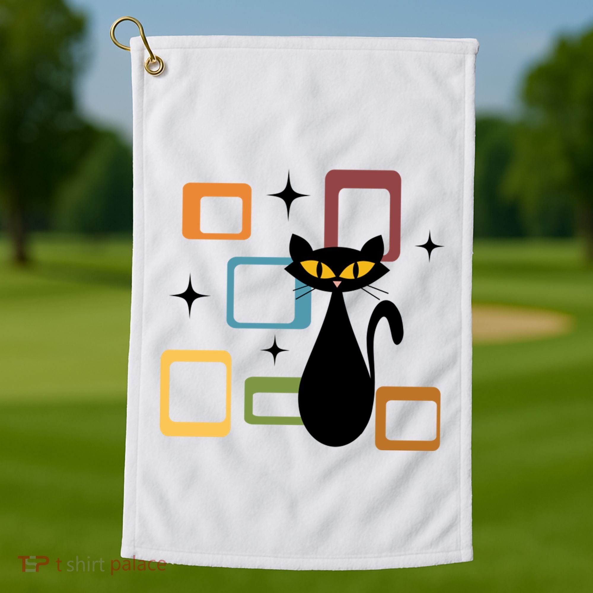 Mid Century Black Cat Golf Towel