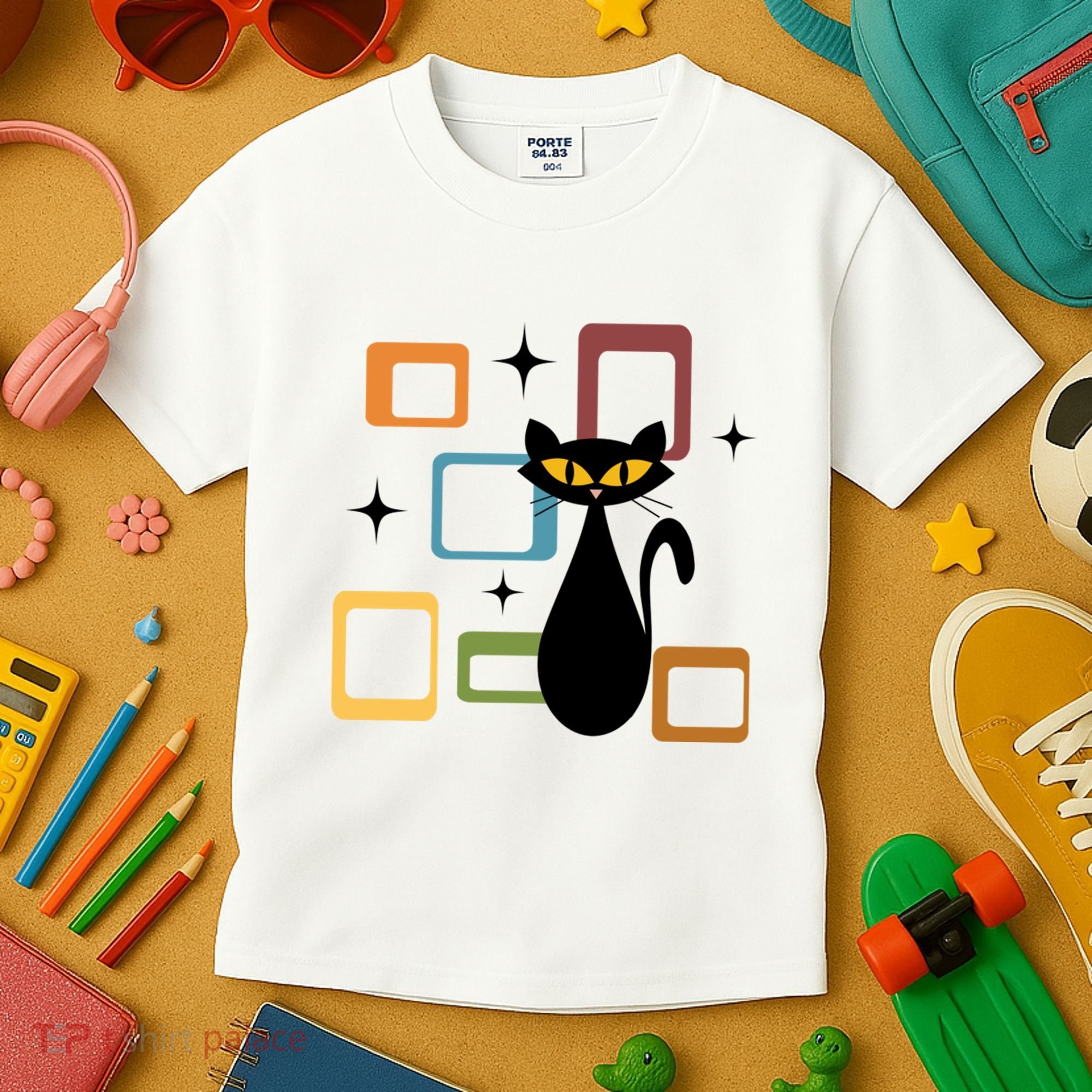 Mid Century Black Cat Kids T-Shirt