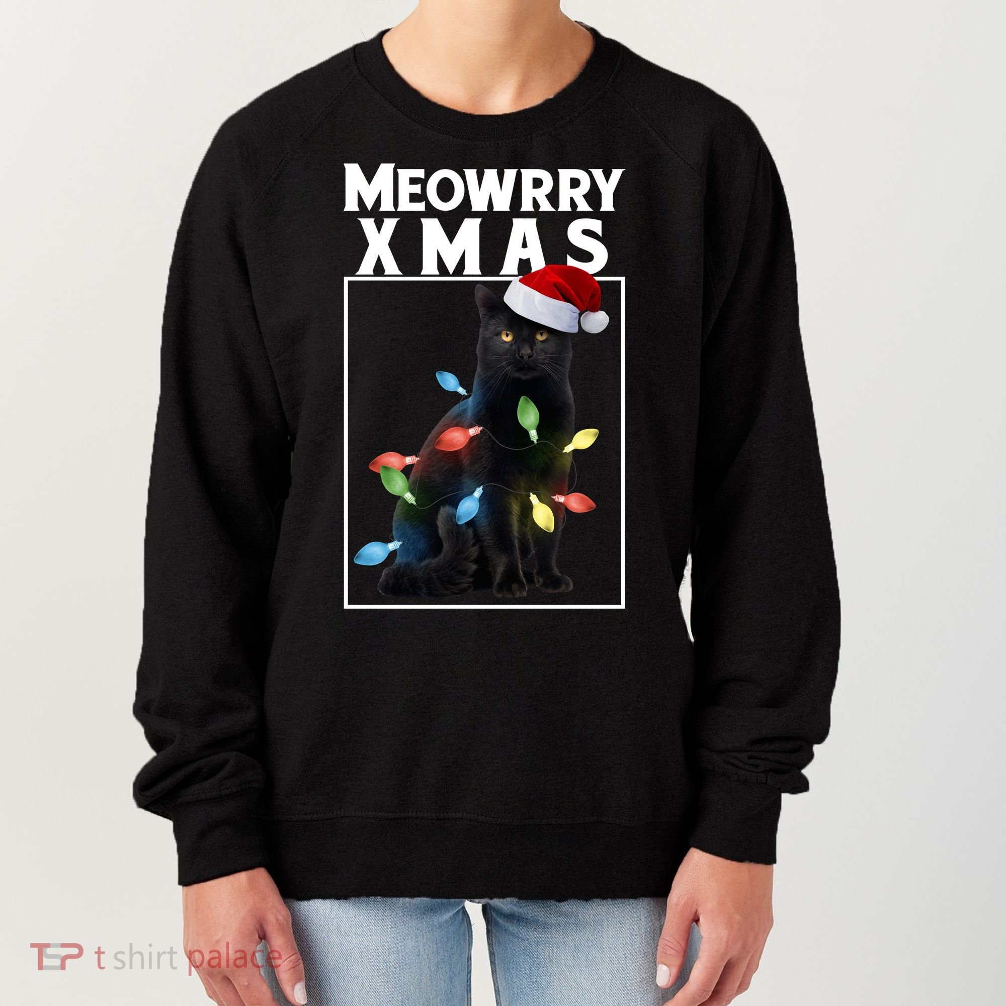 Meowy Christmas Cat With Lights And Santa Hat Women's Sweatshirt