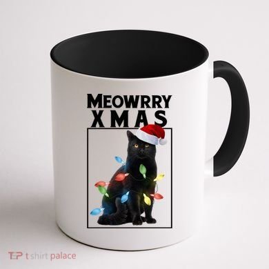 Meowy Christmas Cat With Lights And Santa Hat Coffee Mug back