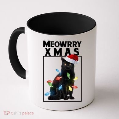 Meowy Christmas Cat With Lights And Santa Hat Coffee Mug