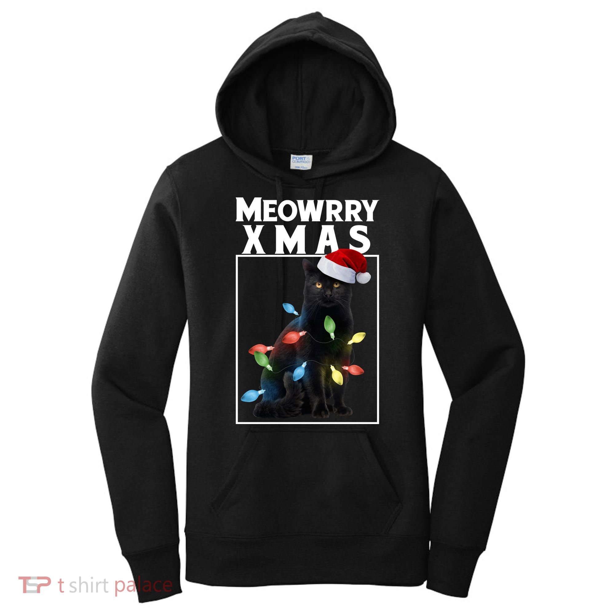 Meowy Christmas Cat With Lights And Santa Hat Women's Hoodie