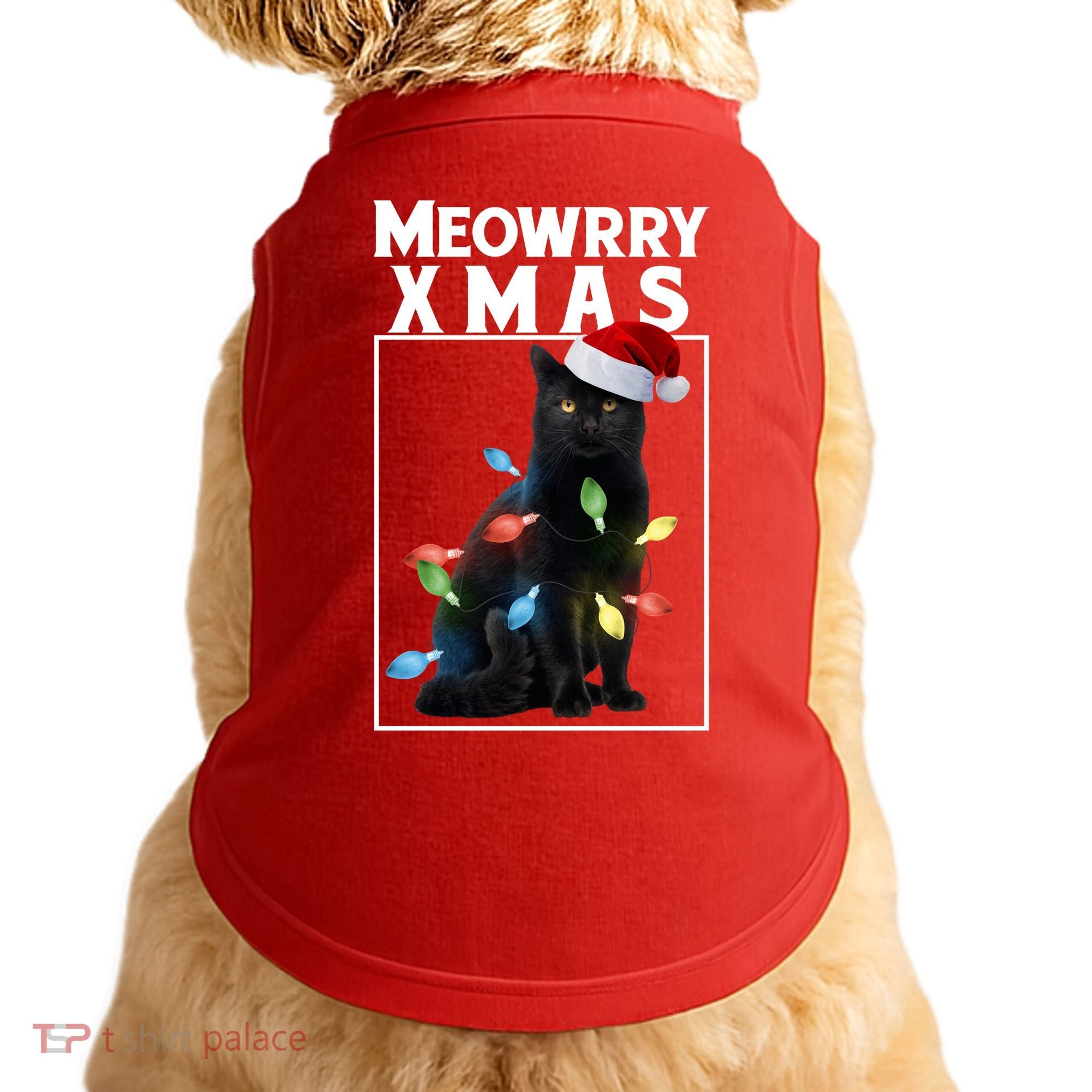 Meowy Christmas Cat With Lights And Santa Hat Doggie Tank