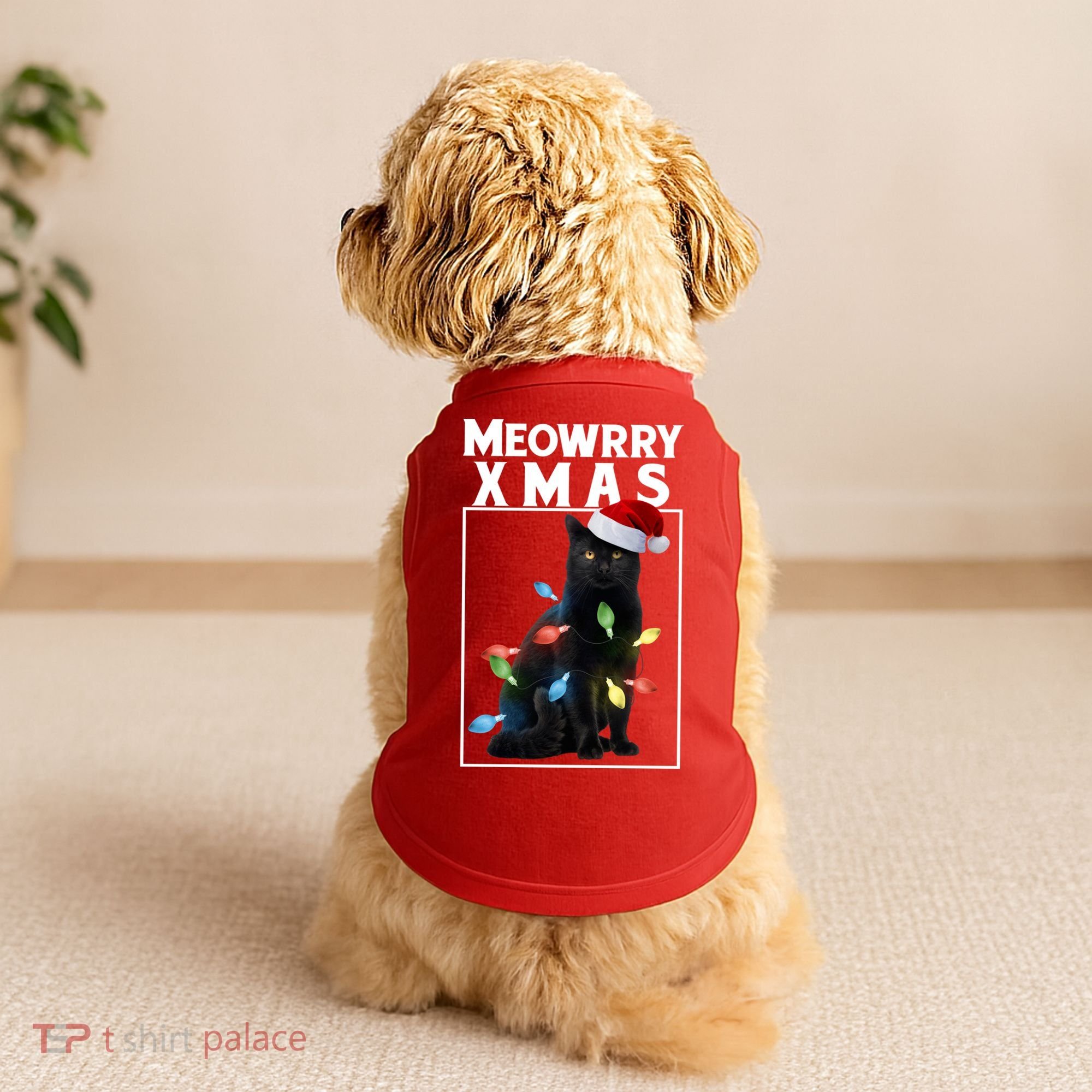Meowy Christmas Cat With Lights And Santa Hat Doggie Tank