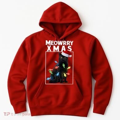 Meowy Christmas Cat With Lights And Santa Hat Hoodie