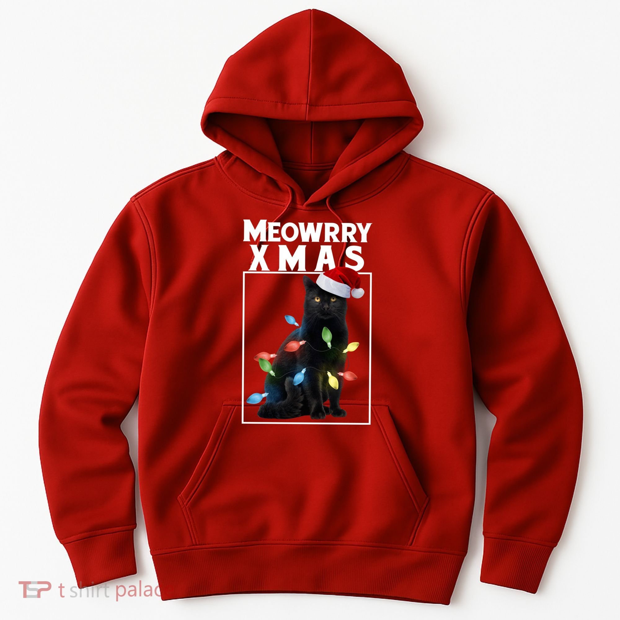 Meowy Christmas Cat With Lights And Santa Hat Hoodie