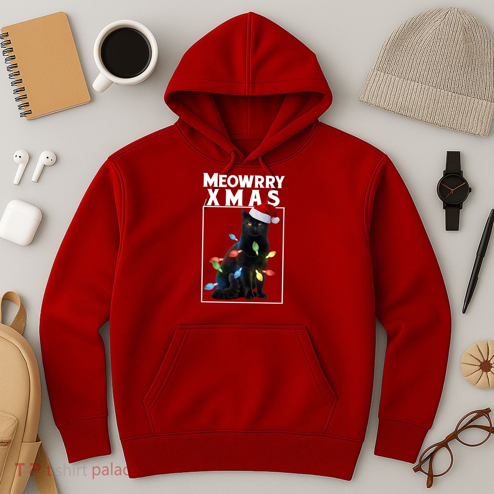 Meowy Christmas Cat With Lights And Santa Hat Hoodie