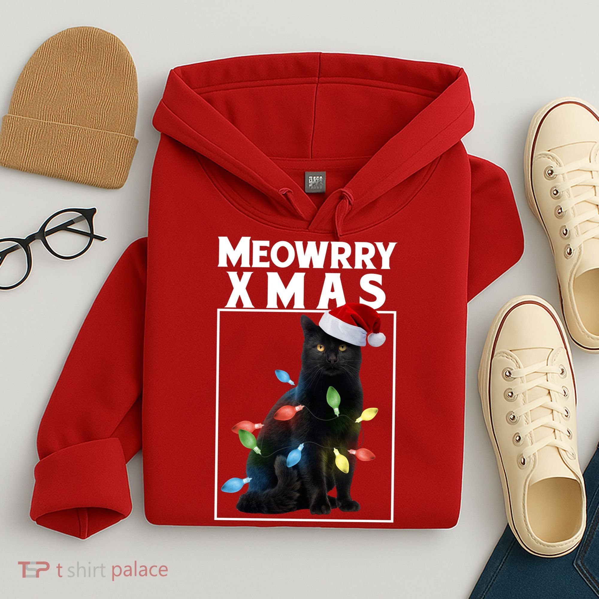 Meowy Christmas Cat With Lights And Santa Hat Hoodie