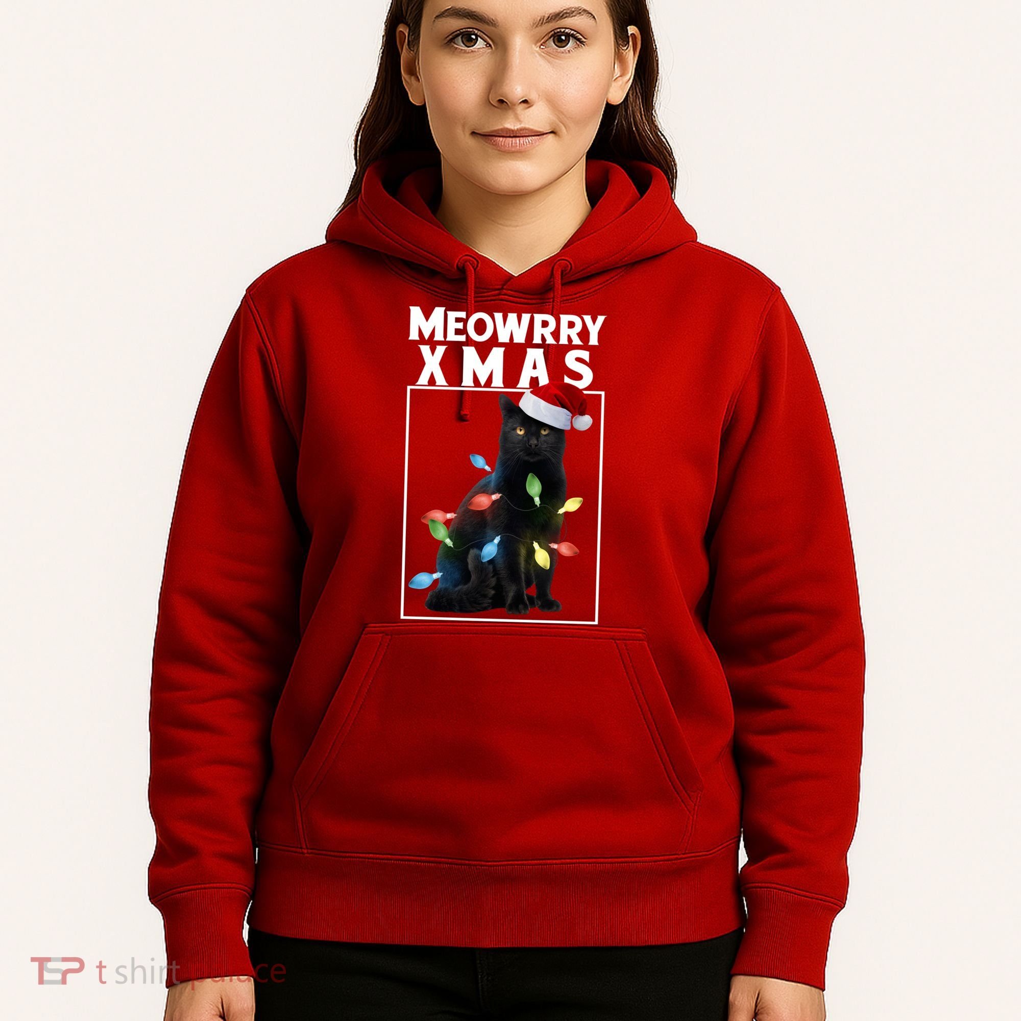 Meowy Christmas Cat With Lights And Santa Hat Hoodie