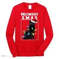 Meowy Christmas Cat With Lights And Santa Hat Long Sleeve Shirt thumb 0