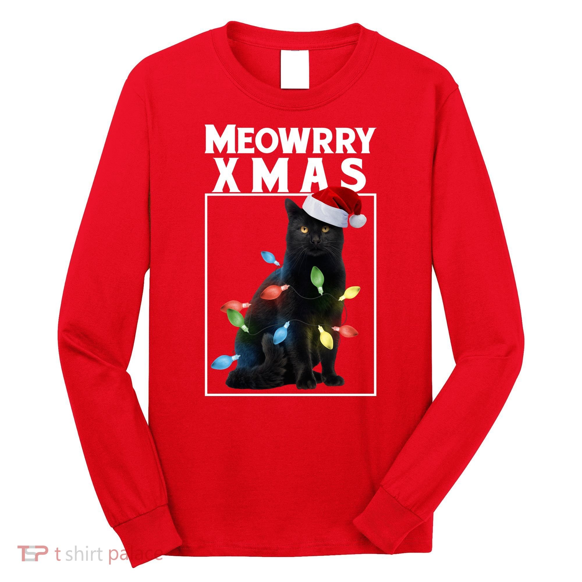 Meowy Christmas Cat With Lights And Santa Hat Long Sleeve Shirt