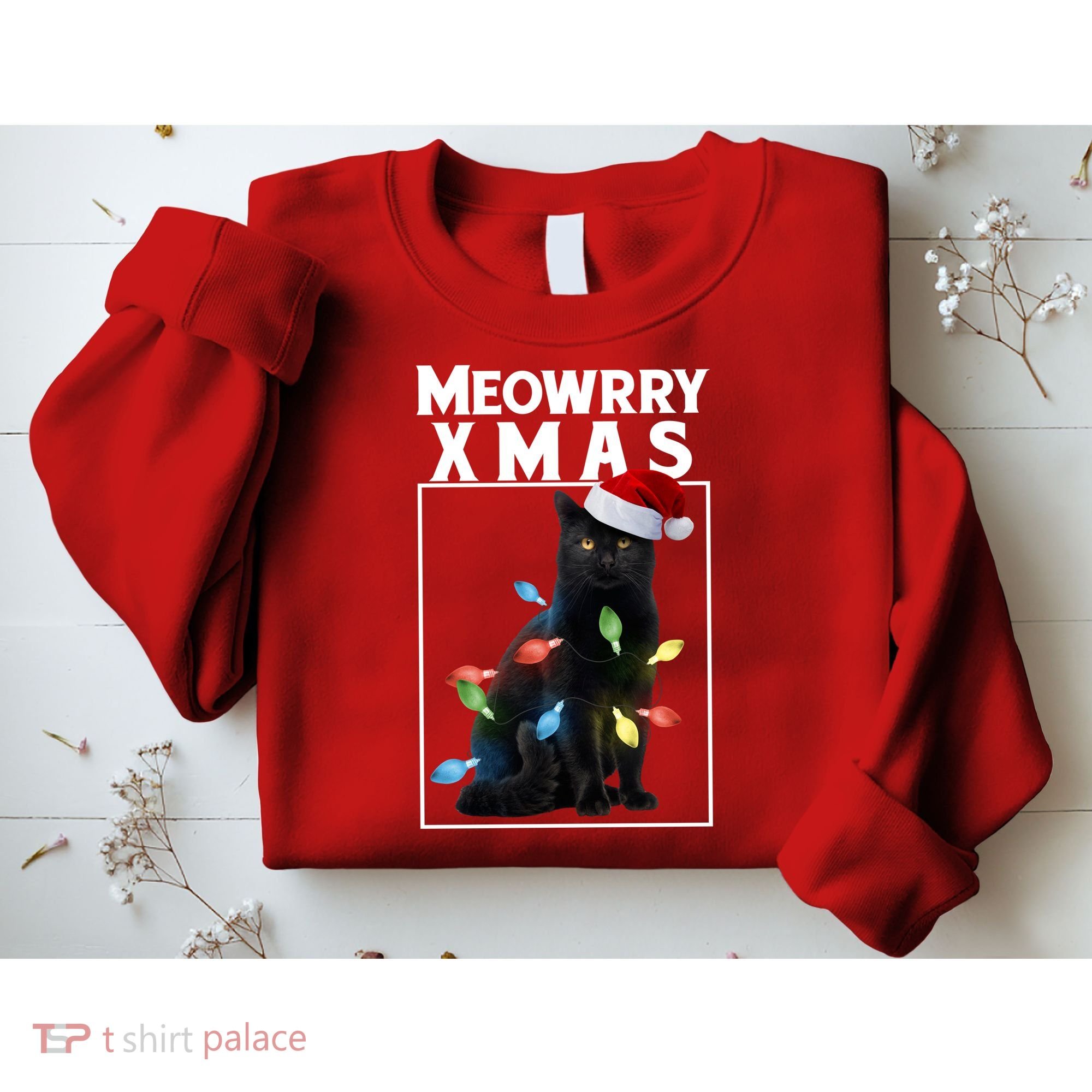 Meowy Christmas Cat With Lights And Santa Hat Sweatshirt