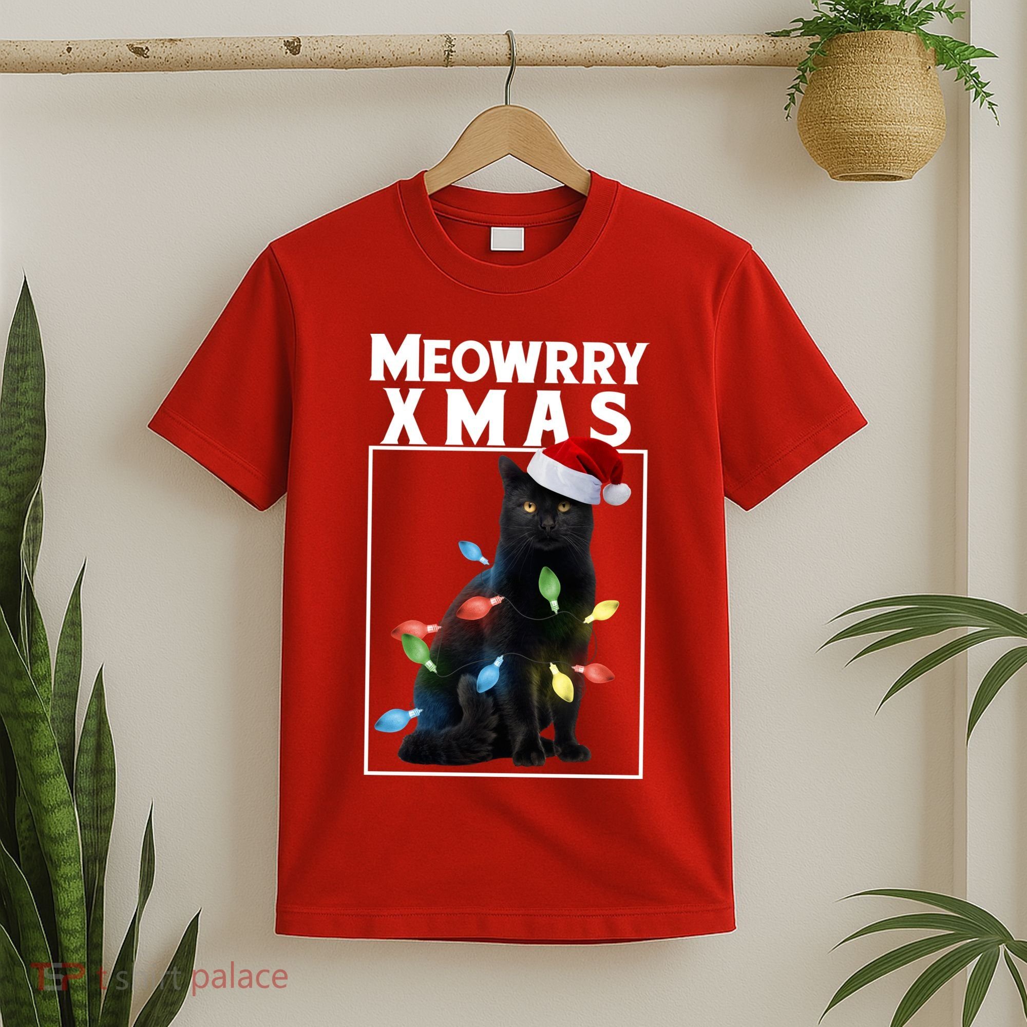 Meowy Christmas Cat With Lights And Santa Hat T-Shirt