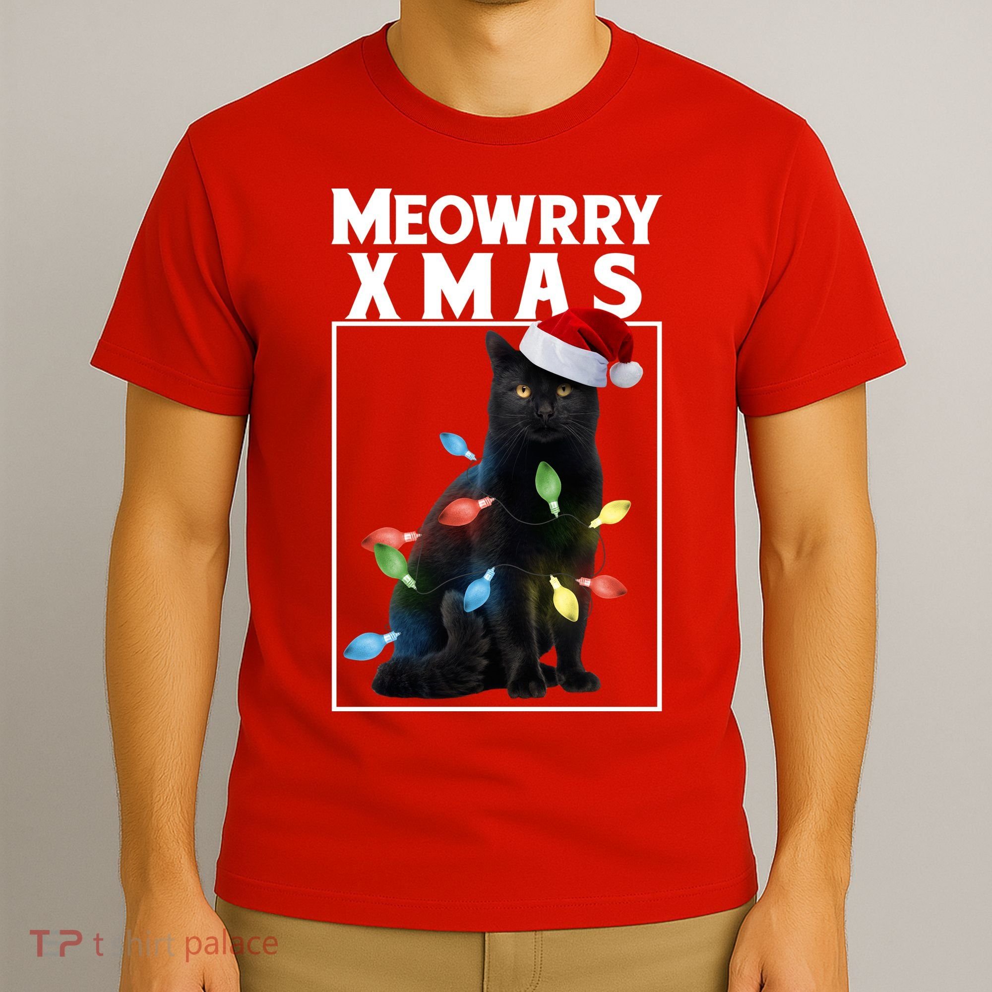 Meowy Christmas Cat With Lights And Santa Hat T-Shirt