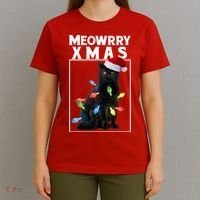 Meowy Christmas Cat With Lights And Santa Hat T-Shirt thumb 4