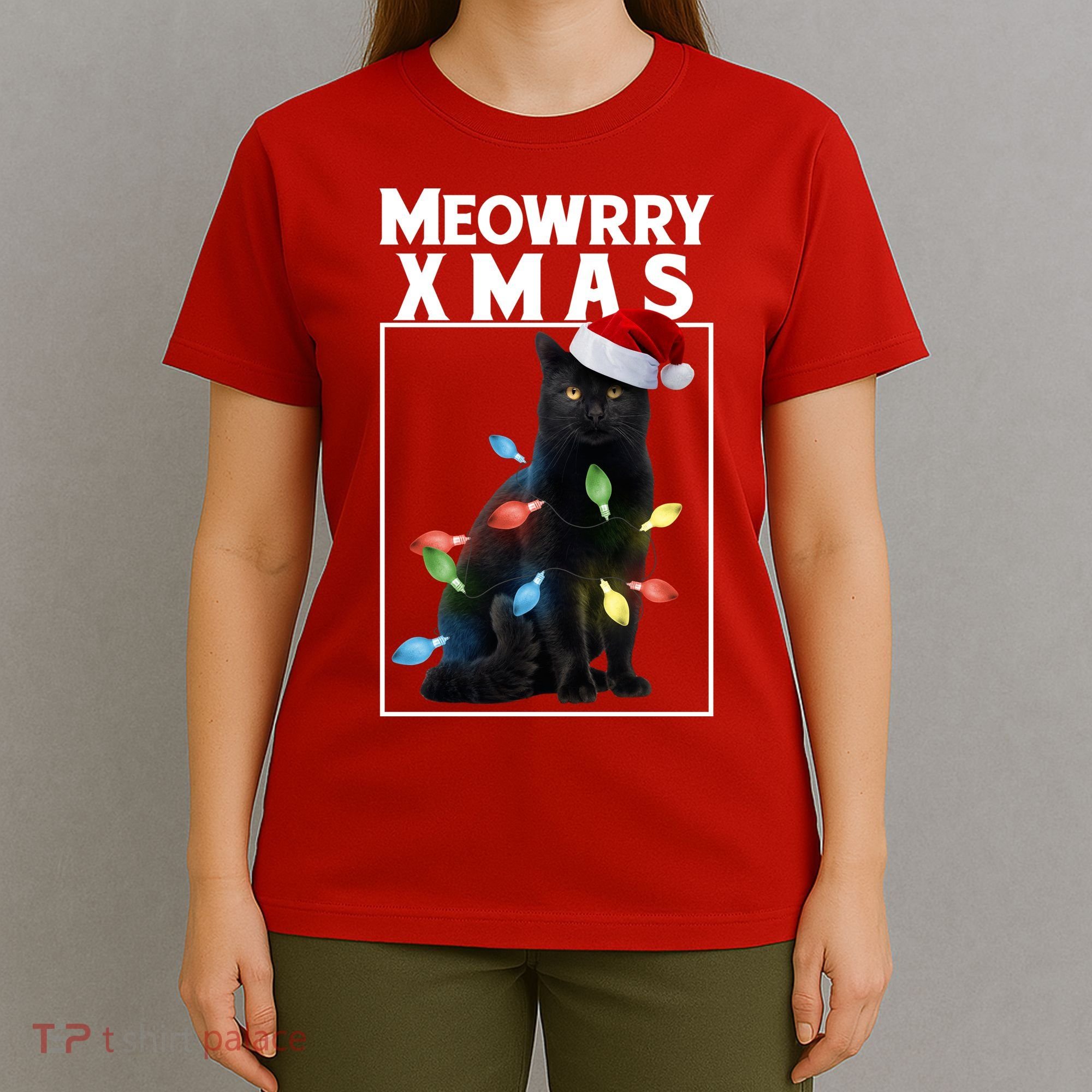 Meowy Christmas Cat With Lights And Santa Hat T-Shirt