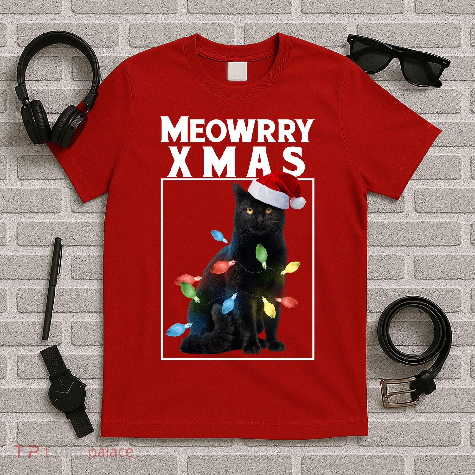 Meowy Christmas Cat With Lights And Santa Hat T-Shirt
