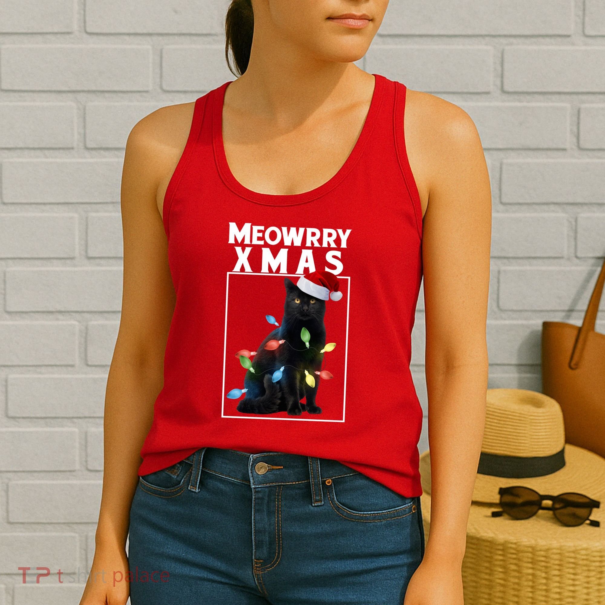 Meowy Christmas Cat With Lights And Santa Hat Women's Tank Top
